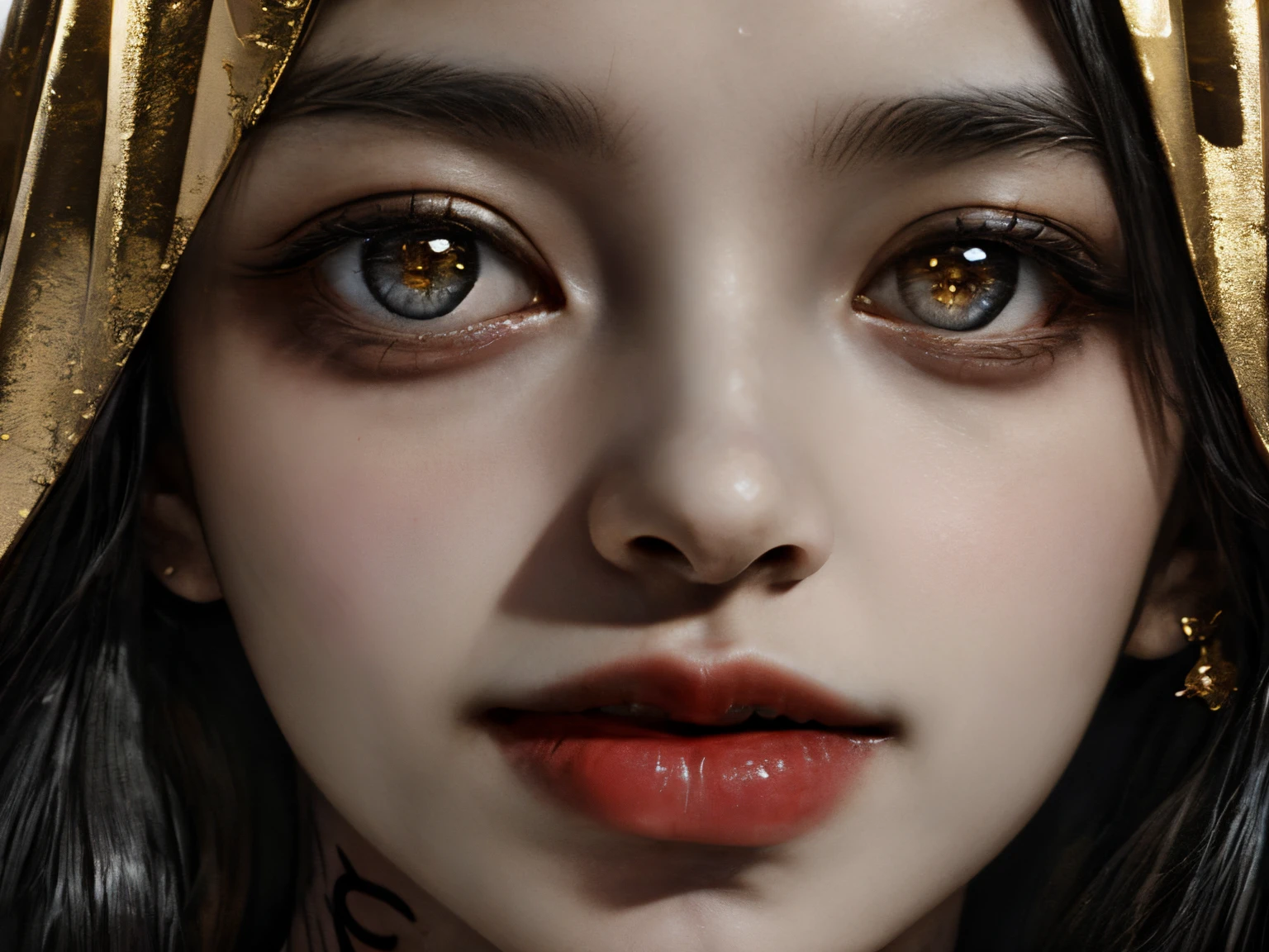 Stunning fantasy portrait, beauty goddess body, traditional Egyptian clothing, 3/4 close-up, haunting, intense, Ancient Egypt background, thought-provoking textured image, spots, scattered light rays, flickering light, texture realistic skin, look, gold leaf, shimmering rain, shimmering makeup, (((tattoos))), supernatural, inlaid, translucent glowing eyes, curls, weird, ornate matte poster, highly detailed, hyper-detailed face and eyes, messy hair fluttering in the wind, above - detailed, annoying, chaotic lighting