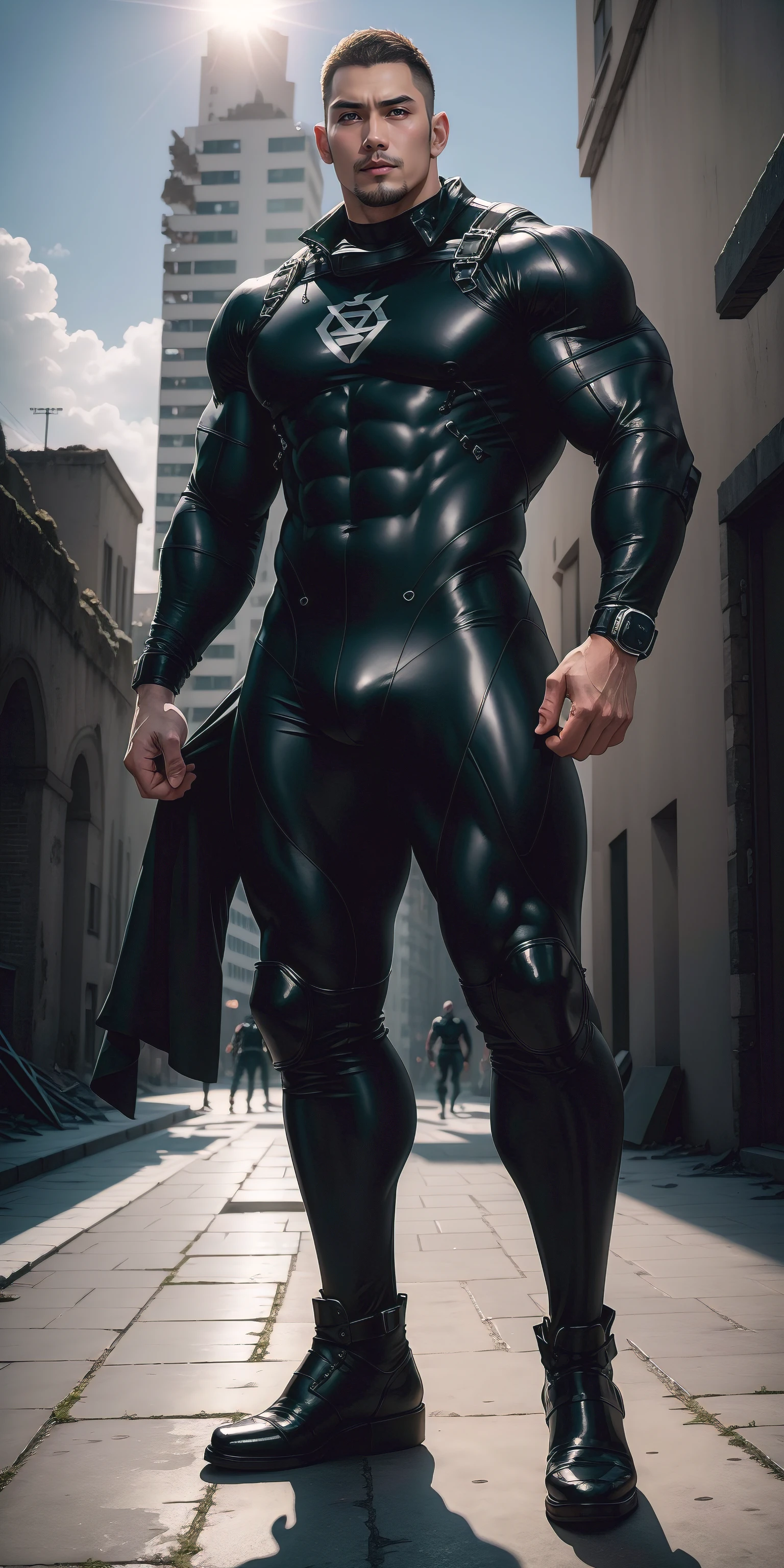 a hoge, The two-meter-tall muscular man opened his mouth and shouted.，He opened his mouth wide，character  design（Resident Evil - Chris Redfield，Chris Redfield）Wearing a shiny dark gray wetsuit，The whole body is wrapped，High-end leather texture，Regular symmetrical texture pattern，Standing alone in the ruins of the city in the open air, Bright sunlight shines on the body，，expression sad，A hero with deep and charming pupils，heroic masculine pose，Tall and burly，Muscular！Sexy and attractive leg muscles，tall, Burly, and strong， Wearing a shiny dark gray wetsuit， Super gain and cool， commission for high resolution， Big feet in dark gray boots，Charming strong man，Bright sunlight shines on the body，Reflective and shiny