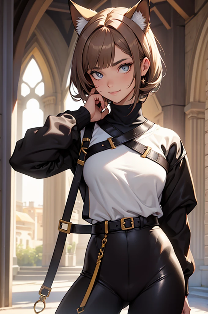 beautiful young female warrior fighter with cat ears on her head, com rosto bem detalhado e bonito, belos olhos, belos olhos, rosto lindo, beautiful young woman wearing long brown leggings with black details, sueter apertado branco, standing in a castle, usando bota preta, cabelo comprido com franja preto, ,orelhas de gato, belo sorriso, tomboy, um pouco musculosa,suter branco com cinta em volta, olhar serio,usando jaqueta de couro apertado preto, com ombreiras de prata nos ombros