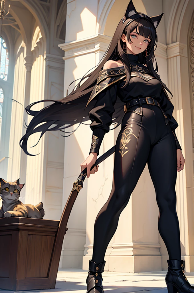 beautiful young female warrior fighter with cat ears on her head, com rosto bem detalhado e bonito, belos olhos, belos olhos, rosto lindo, beautiful young woman wearing long brown leggings with black details, sueter apertado branco, standing in a castle, usando bota preta, cabelo comprido com franja preto, ,orelhas de gato, belo sorriso, tomboy, um pouco musculosa,suter branco com cinta em volta, olhar serio,usando jaqueta de couro apertado preto, com ombreiras de prata nos ombros
