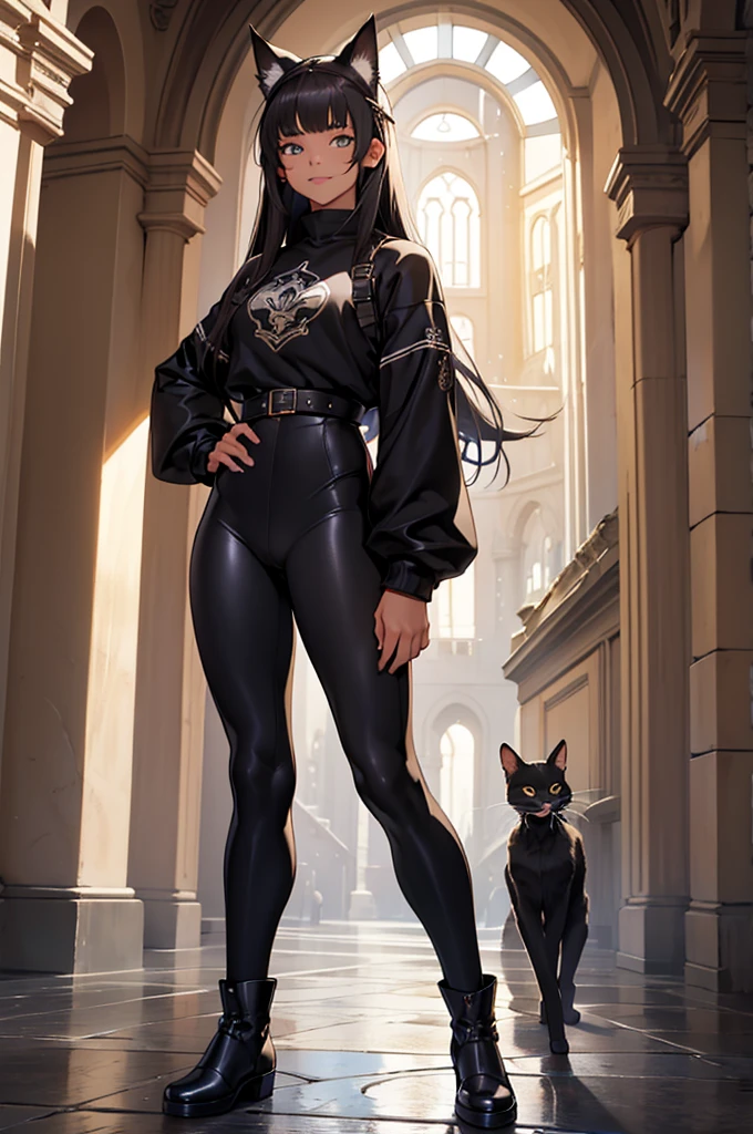 beautiful young female warrior fighter with cat ears on her head, com rosto bem detalhado e bonito, belos olhos, belos olhos, rosto lindo, beautiful young woman wearing long brown leggings with black details, sueter apertado branco, standing in a castle, usando bota preta, cabelo comprido com franja preto, ,orelhas de gato, belo sorriso, tomboy, um pouco musculosa,suter branco com cinta em volta, olhar serio,usando jaqueta de couro apertado preto, com ombreiras de prata nos ombros