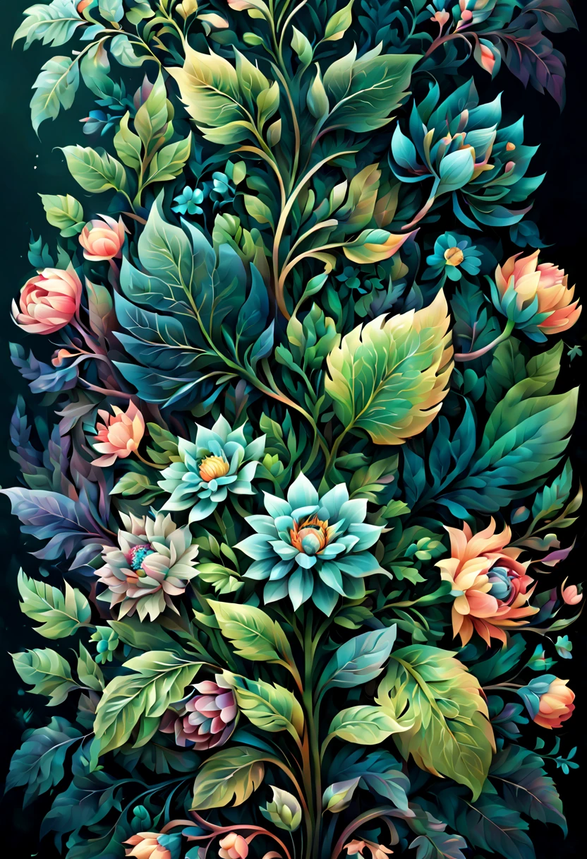 Magical Plants, dark theme, vectorial art, hierarchical form, Gradient color, soft color palette flowers, wildest, Norse mythology, intricate, (best quality, masterpiece, Representative work, official art, Professional, unity 8k wallpaper:1.3)
