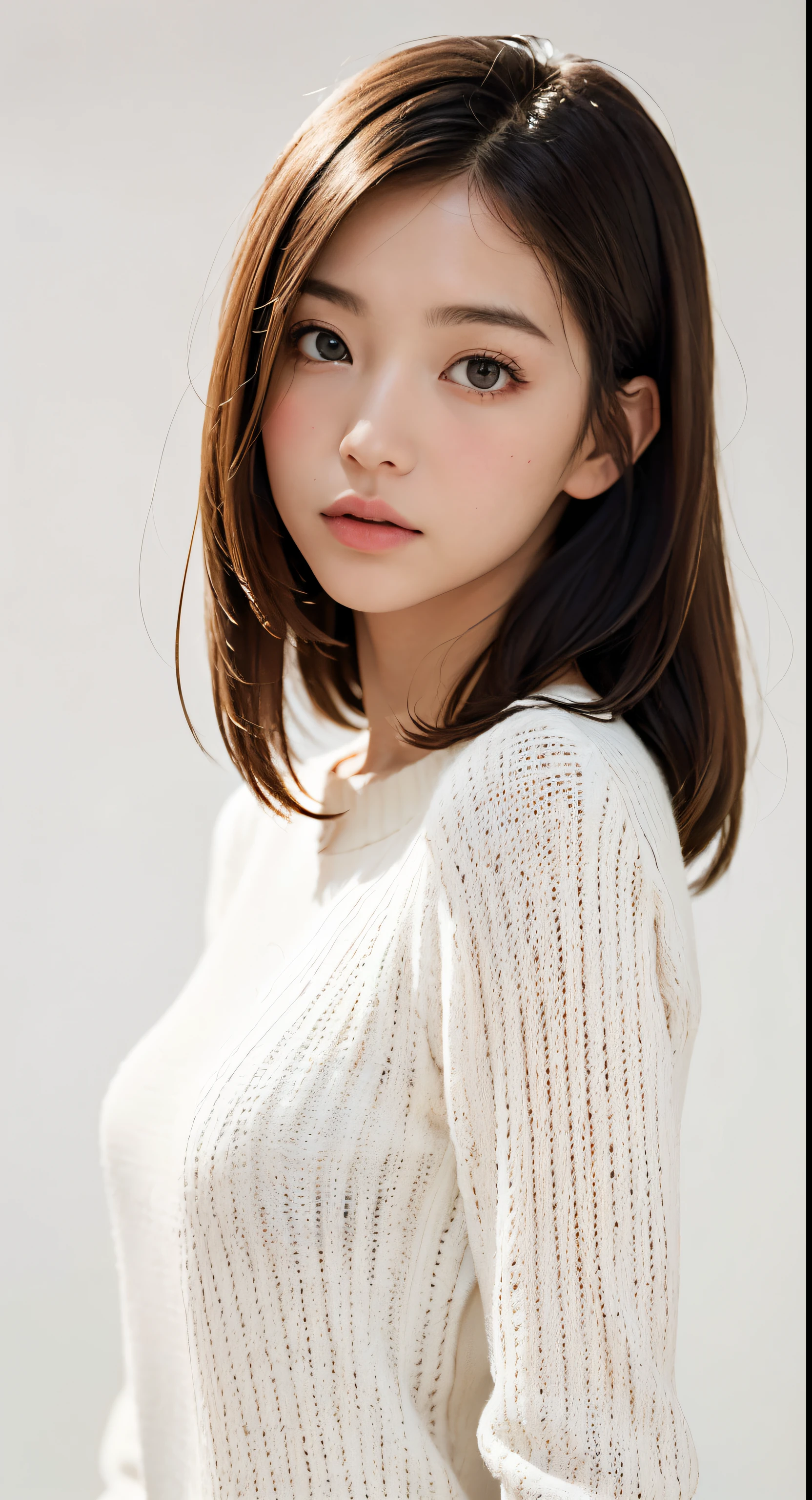 (masutepiece, Best Quality,:1.2), 1girl in, (Solo:1.3), Upper body, Nice white sweater, , (waifu, Realistic, Real life, exceptional, Best aesthetic, new, newest, Best Quality, masutepiece:1.2), Soft_Lighting, Soft_skin_Tone, Feminine_hair, (White background, Background,:1.2),