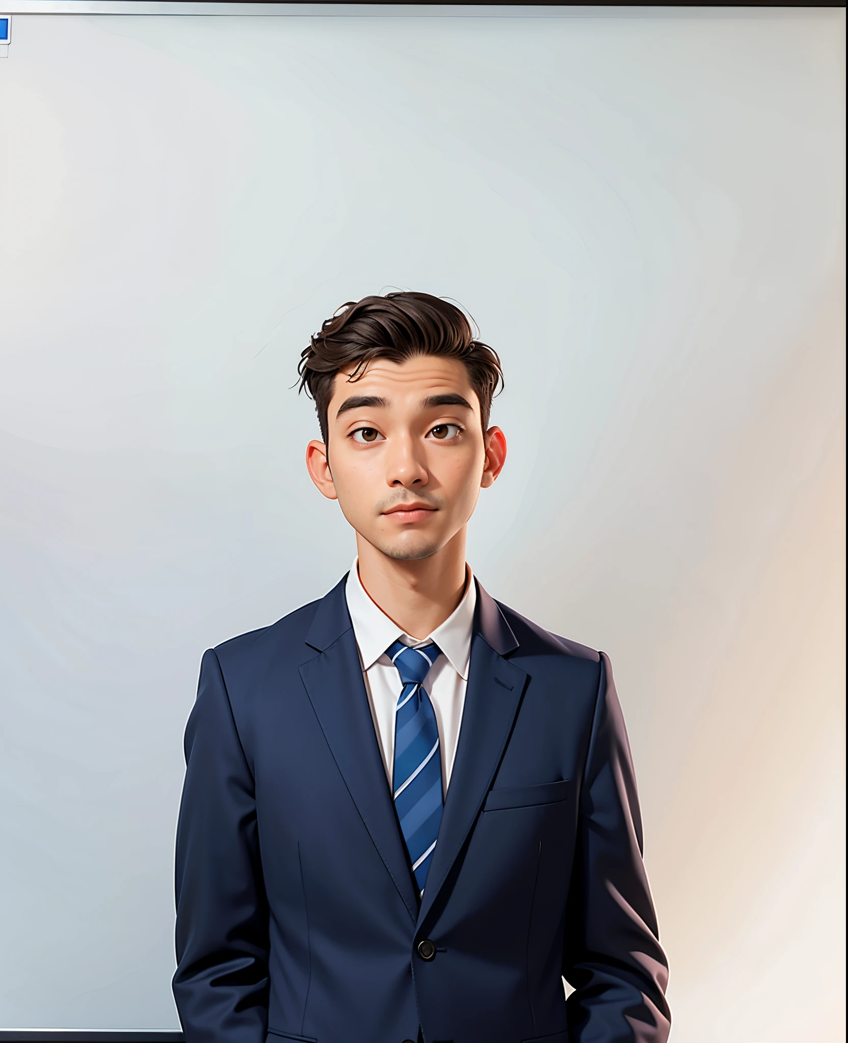 a man in a suit and tie standing in front of a whiteboard, front profile