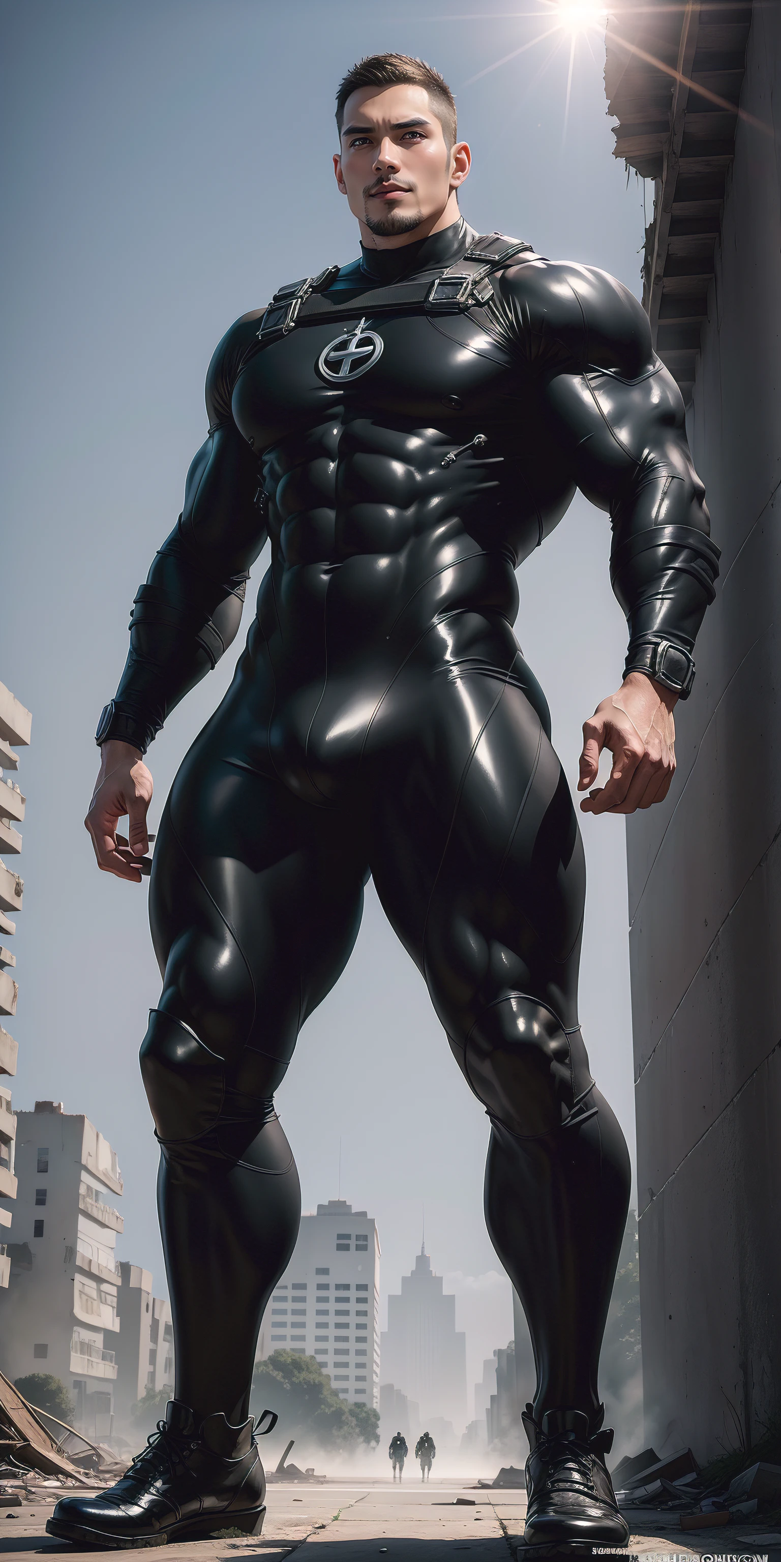 a hoge, The two-meter-tall muscular man opened his mouth and shouted.，He opened his mouth wide，character  design（Resident Evil - Chris Redfield，Chris Redfield）Wearing a shiny dark gray wetsuit，The whole body is wrapped，High-end leather texture，Regular symmetrical texture pattern，Standing alone in the ruins of the city in the open air, Bright sunlight shines on the body，，expression sad，A hero with deep and charming pupils，heroic masculine pose，Tall and burly，Muscular！Sexy and attractive leg muscles，tall, Burly, and strong， Wearing a shiny dark gray wetsuit， Super gain and cool， commission for high resolution， Big feet in dark gray boots，Charming strong man，Bright sunlight shines on the body，Reflective and shiny