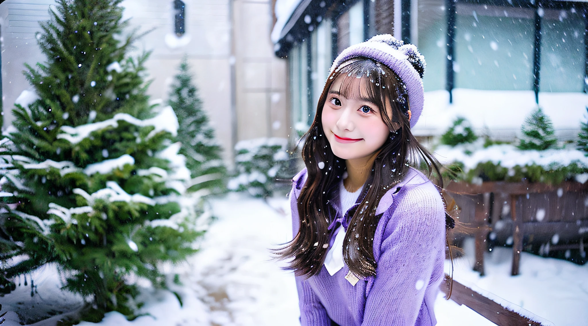 Cute high school girl 18 years old wearing a purple miniskirt、tome'It's snowing outside