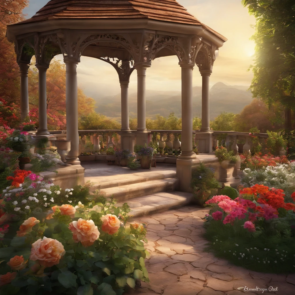 There is a gazebo，full of flowers and vines, royal garden background, beautiful render of a fairytale, , beautiful high resolution, Garden background, dreamy and detailed, Detailed landscapes, background artwork, high detal), well rendered, floral environment, pillars, Beautiful images, realistic garden, gazebo, arbor，