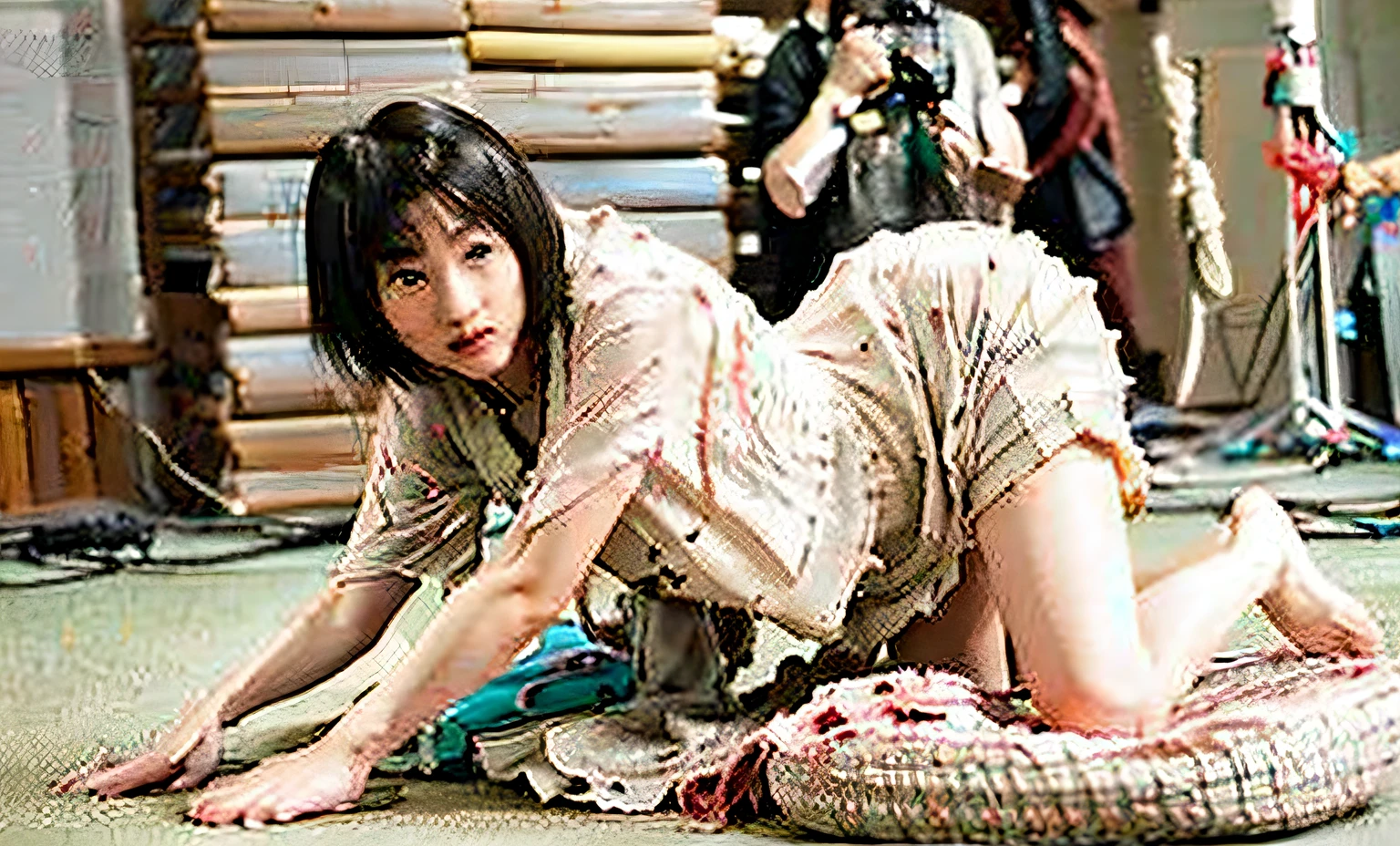 mix4、(8K、RAW Photos、top-quality、masterpiece:1.2)、(reallistic、Photorealsitic:1.37)、1 Women、Alathur、cute little、all-fours、Large Japanese-style room、Tight clothes、Hands on the floor、Both knees on the floor、Cat Pose、Professional Lighting、photon maping