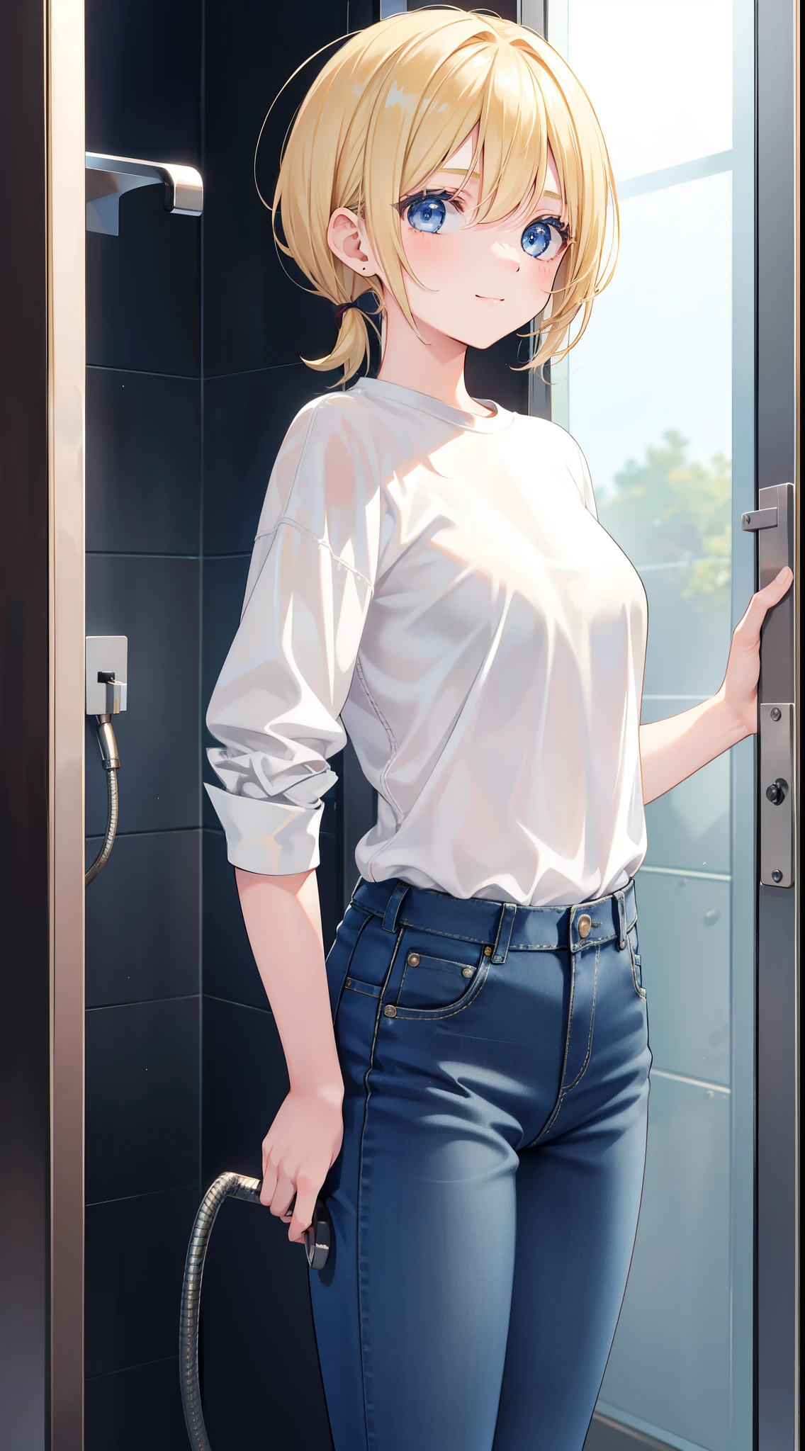 Young girls, blond with short hair, high ponytails, eBlue eyes, ssmile, Blue skinny shirt, denim pant, open shower room, Two swords, fly by rope, tmasterpiece, high high quality, 4K, k hd, Nice details