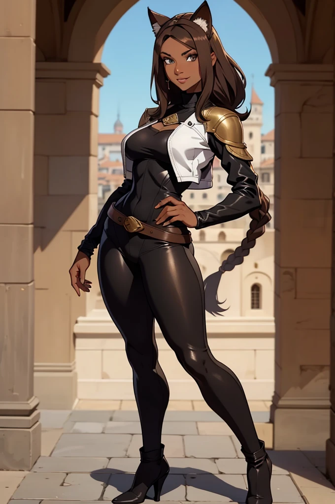 beautiful young female warrior fighter with cat ears on her head, com rosto bem detalhado e bonito, belos olhos, belos olhos, rosto lindo, beautiful young woman wearing long brown leggings with black details, usando jaqueta de couro preta, standing in a castle, usando bota preta, cabelo comprido com franja preto, ,orelhas de gato, belo sorriso, tomboy, um pouco musculosa,suter branco com cinta em volta, olhar serio,usando jaqueta de couro preto, com ombreiras de prata nos ombros, leather jacket