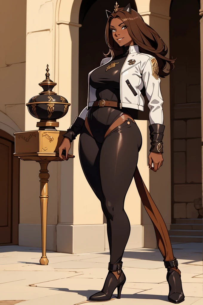 beautiful young female warrior fighter with cat ears on her head, com rosto bem detalhado e bonito, belos olhos, belos olhos, rosto lindo, beautiful young woman wearing long brown leggings with black details, usando jaqueta de couro preta, standing in a castle, usando bota preta, cabelo comprido com franja preto, ,orelhas de gato, belo sorriso, tomboy, um pouco musculosa,suter branco com cinta em volta, olhar serio,usando jaqueta de couro preto, com ombreiras de prata nos ombros, leather jacket