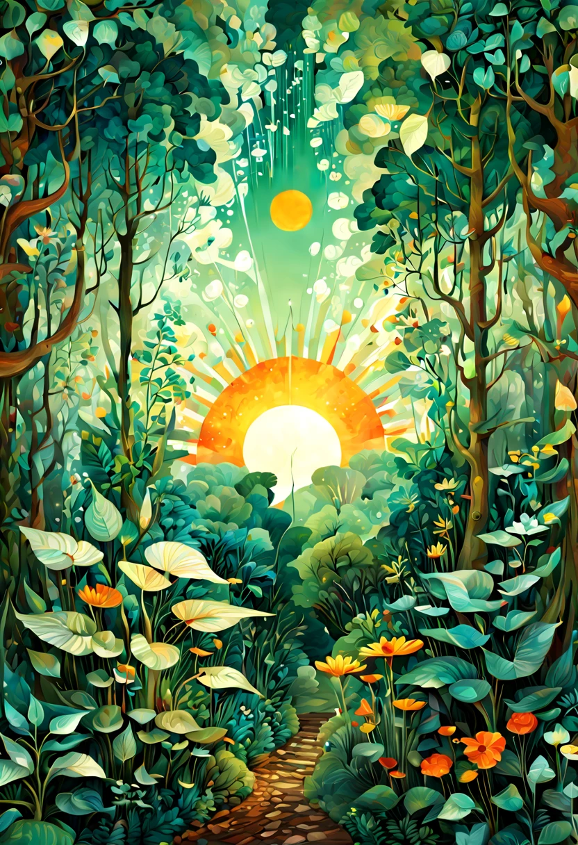 Magical Plants, sun, Magical woods, by Victo_Ngai, Oleksandra Ekster, Malevich, Vladyslav Yerko and Alexander Jansson, (linen gesso acrylic_pager), hierarchical form, Gradient color, intricate, (best quality, masterpiece, Representative work, official art, Professional, unity 8k wallpaper:1.3)