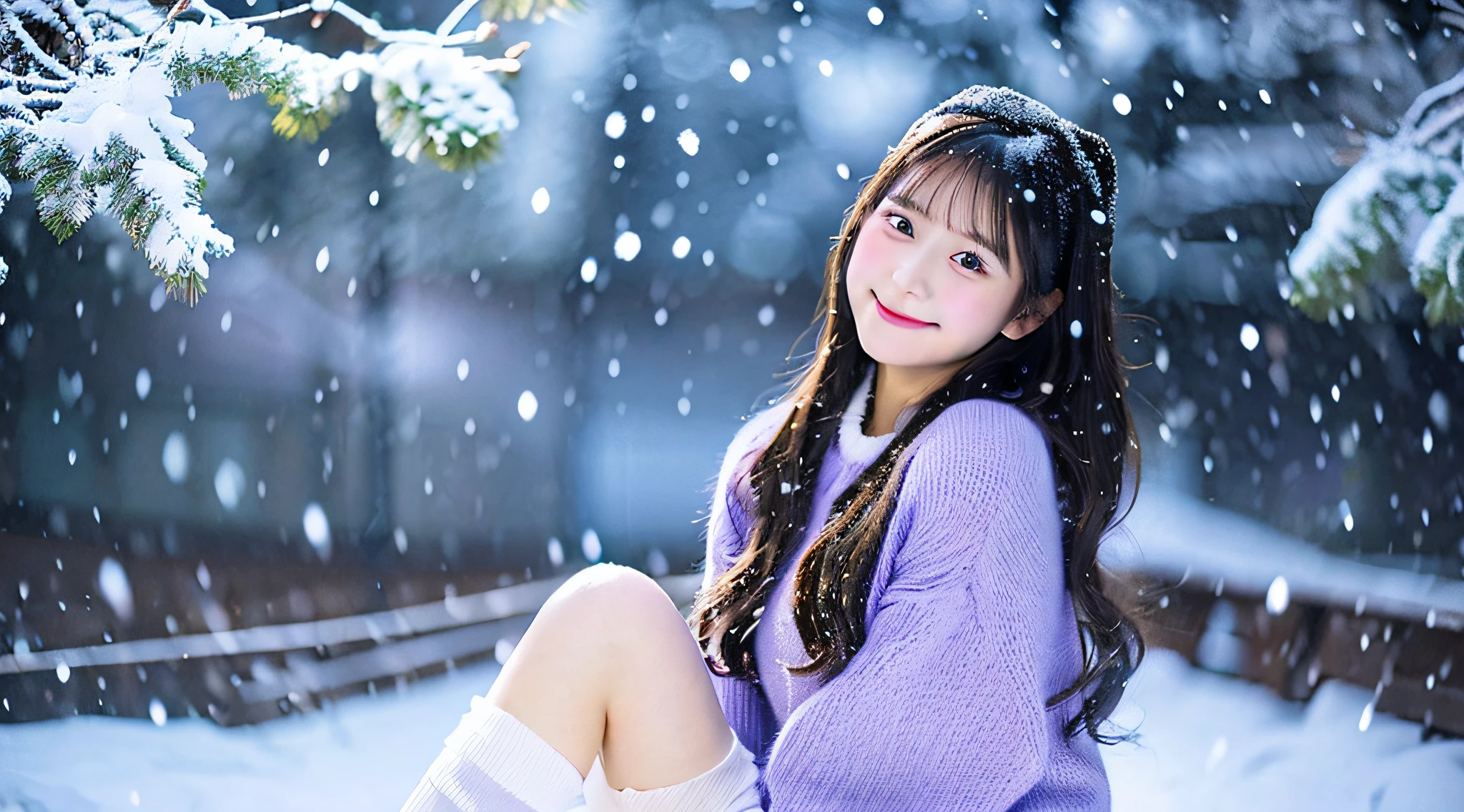 Cute high school girl 18 years old wearing a purple miniskirt、tome'It's snowing outside