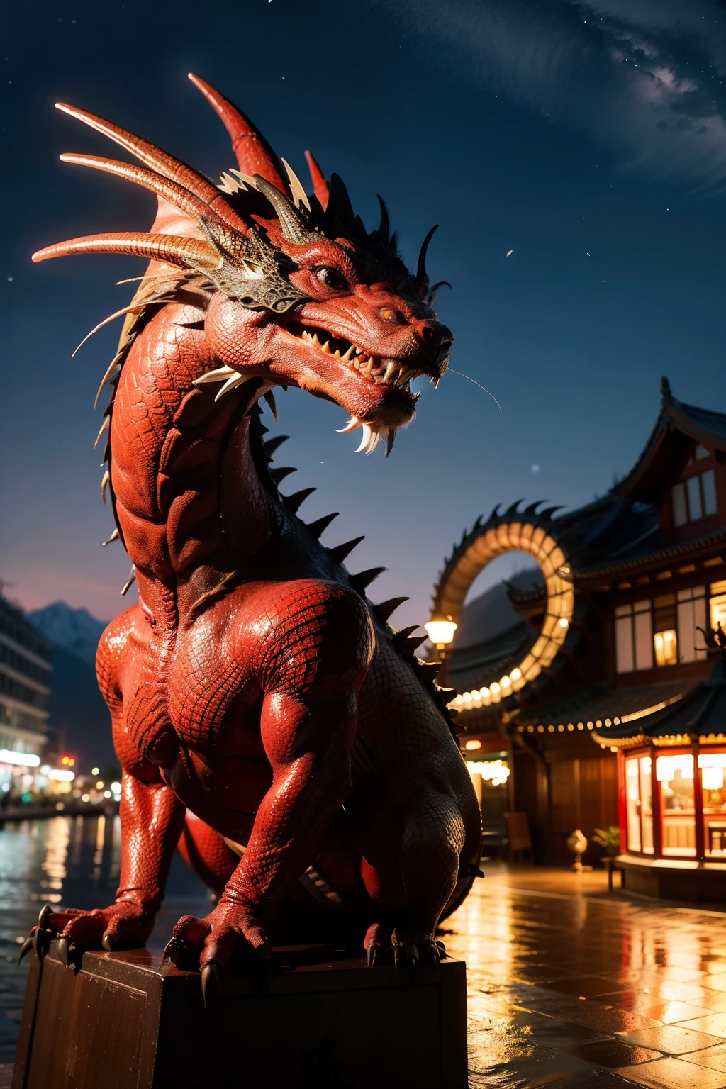 HD graphics,Size 1920X1080px,Red series,The theme uses 2024 Dragon Luck and Prosperity,There should be cute dragon elements,The background image adds a New Year atmosphere,Add beautiful night scenery to the scene。
