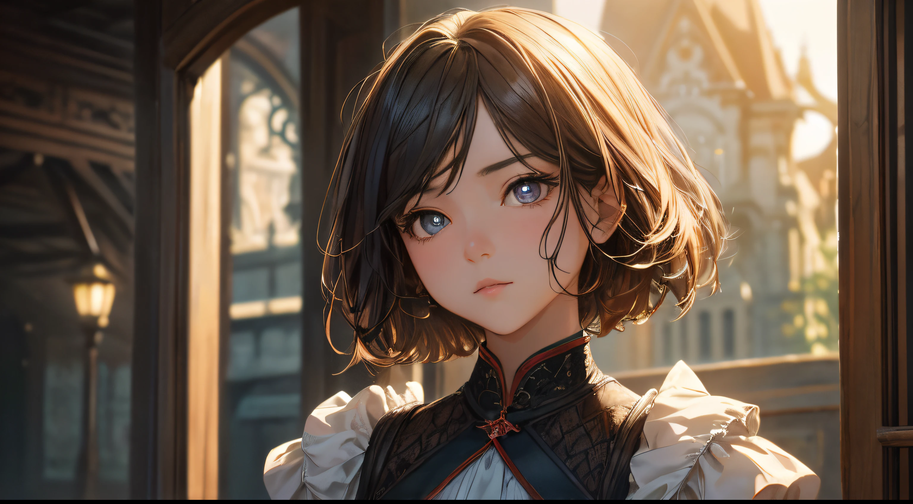 1girl in, (((shorth hair))), jugendstil,(masterpiece, top-quality, Near and far law, depth of fields:1.5), beautiful countenance, 8k, Raw foto, HDR, Photorealsitic, film grains, chromatic abberation, hight resolution, ultra-detailliert, finely detail, 动态照明, Dramatic lighting、shadowy、extremely detailed eye and face、Round pupils、Realistic pupils、clean back ground