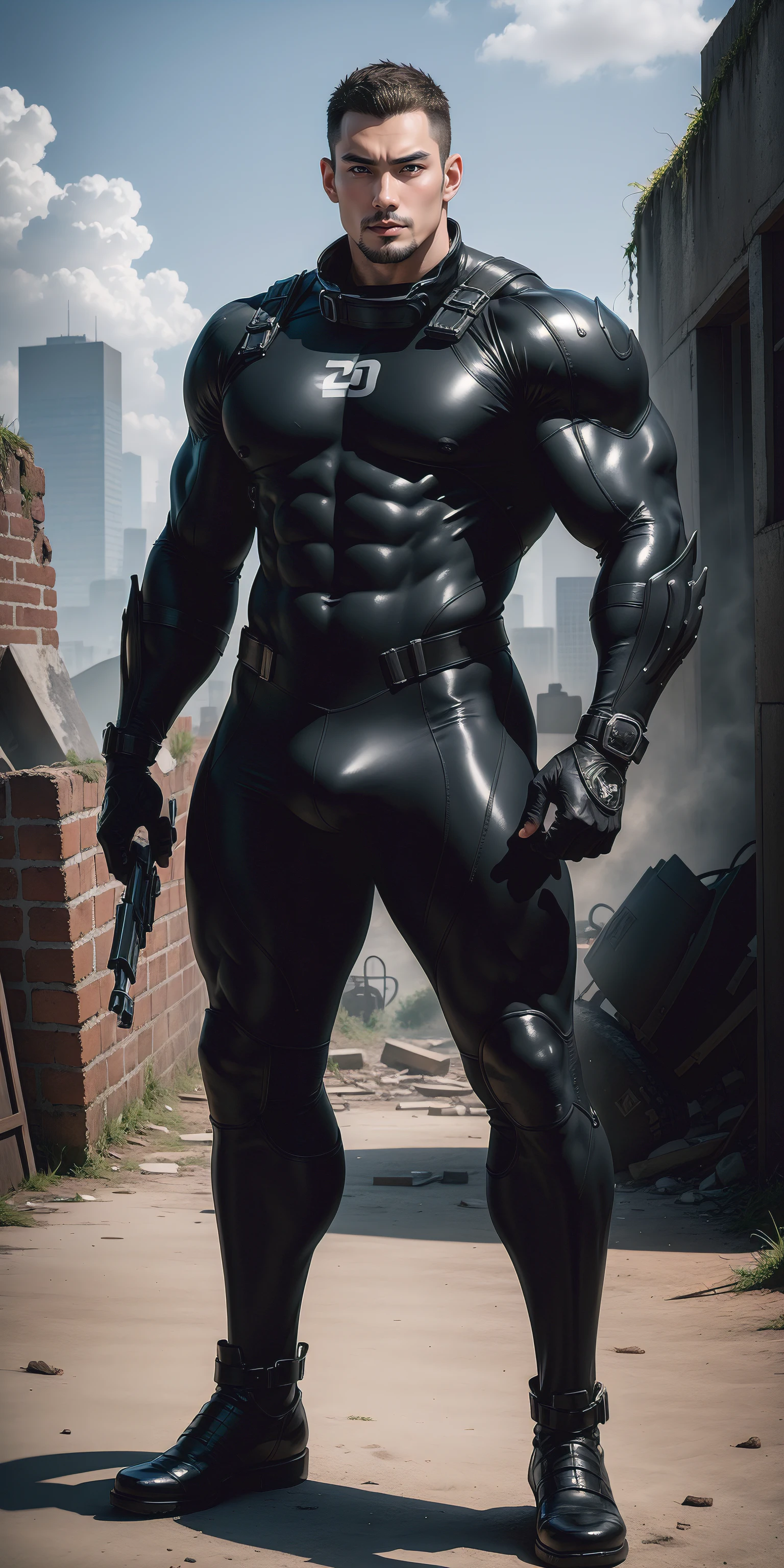 a hoge, The two-meter-tall muscular man opened his mouth and shouted.，He opened his mouth wide，character  design（Resident Evil - Chris Redfield，Chris Redfield）Wearing a shiny dark gray wetsuit，The whole body is wrapped，High-end leather texture，Regular symmetrical texture pattern，Standing alone in the ruins of the city in the open air, Bright sunlight shines on the body，，expression sad，A hero with deep and charming pupils，heroic masculine pose，Tall and burly，Muscular！Sexy and attractive leg muscles，tall, Burly, and strong， Wearing a shiny dark gray wetsuit， Super gain and cool， commission for high resolution， Big feet in dark gray boots，Charming strong man，Bright sunlight shines on the body，Reflective and shiny