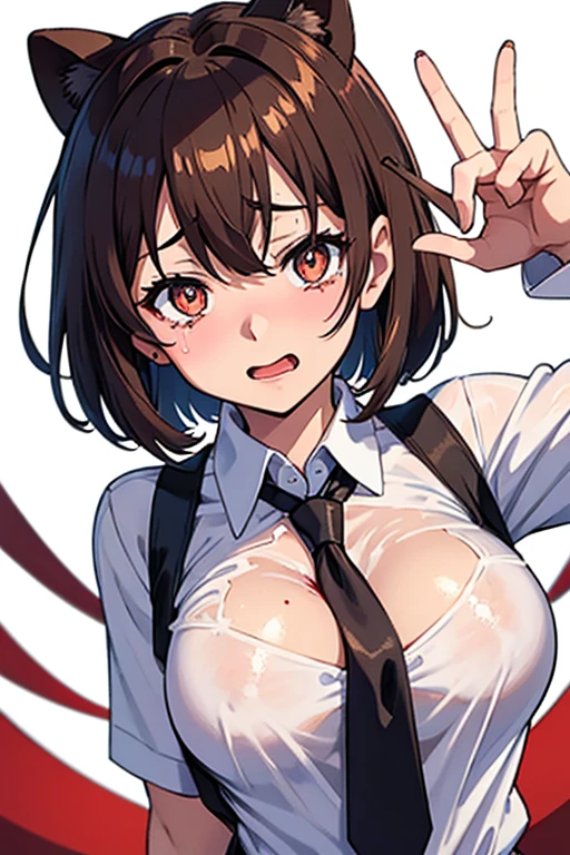 Heart-shaped pupil，(NSFW), (masutepiece:1.2), Best Quality, masutepiece, hight resolution, Original, highly detailed wallpaper, (Ultra-detailed), (Best Illustration), (Best Shadow), (Kobeni), Big breasts, perky breast, (White collared shirt), (blood stain:1.1), (terror:1.2), (black necktie), (Shirt stains), (Stained), 1girl in, Looking at Viewer, (Scared:1.2), (Tears:1.1), (Brown eyes), (piece sign),Tongue out, tongue, Heart-shaped pupil