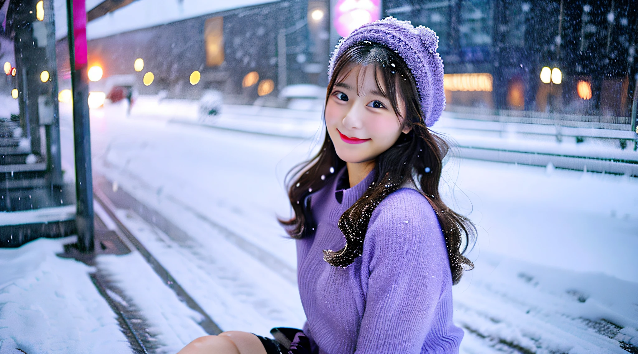 Cute lace queen 18 years old wearing a purple miniskirt、tome'It's snowing outside
