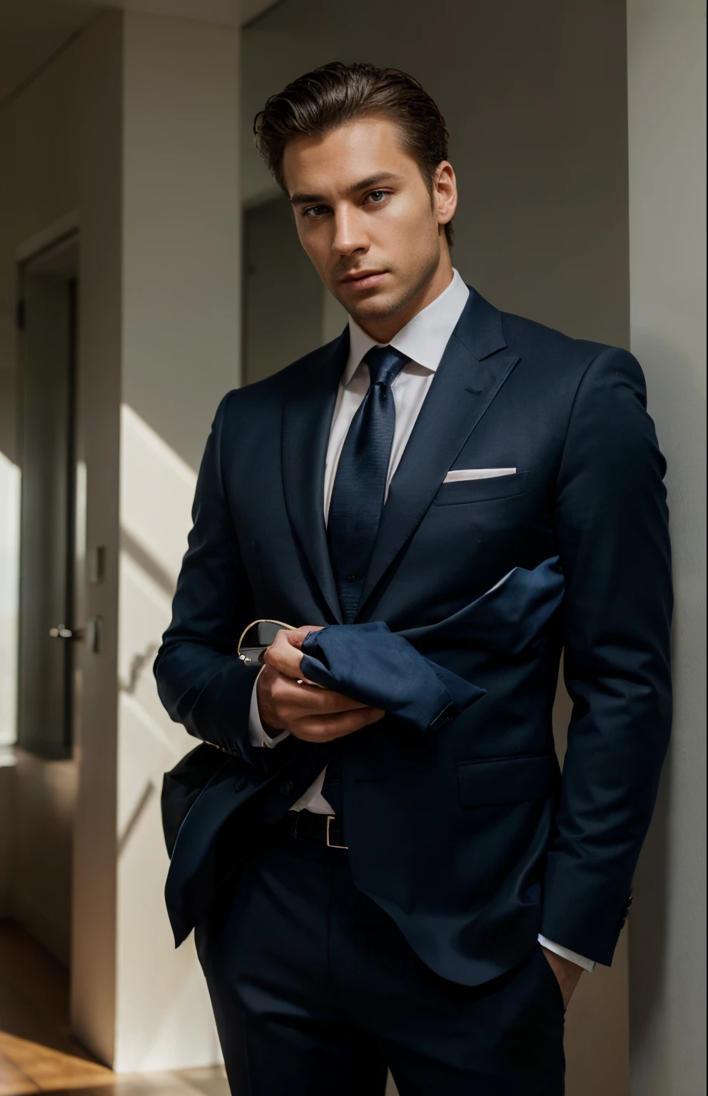 An impeccably groomed, sharply dressed businessman exudes a magnetic charm that is hard to resist. His chiseled features and perfectly styled hair frame piercing blue eyes, emanating confidence and intelligence. This stunning image, captured in a high-resolution photograph, showcases the subject's immaculate suit, tailored to perfection, accentuating his broad shoulders and commanding presence. The play of light and shadow further enhances the depth and allure of the composition, leaving viewers captivated by this captivating portrayal of a successful and captivating entrepreneur.