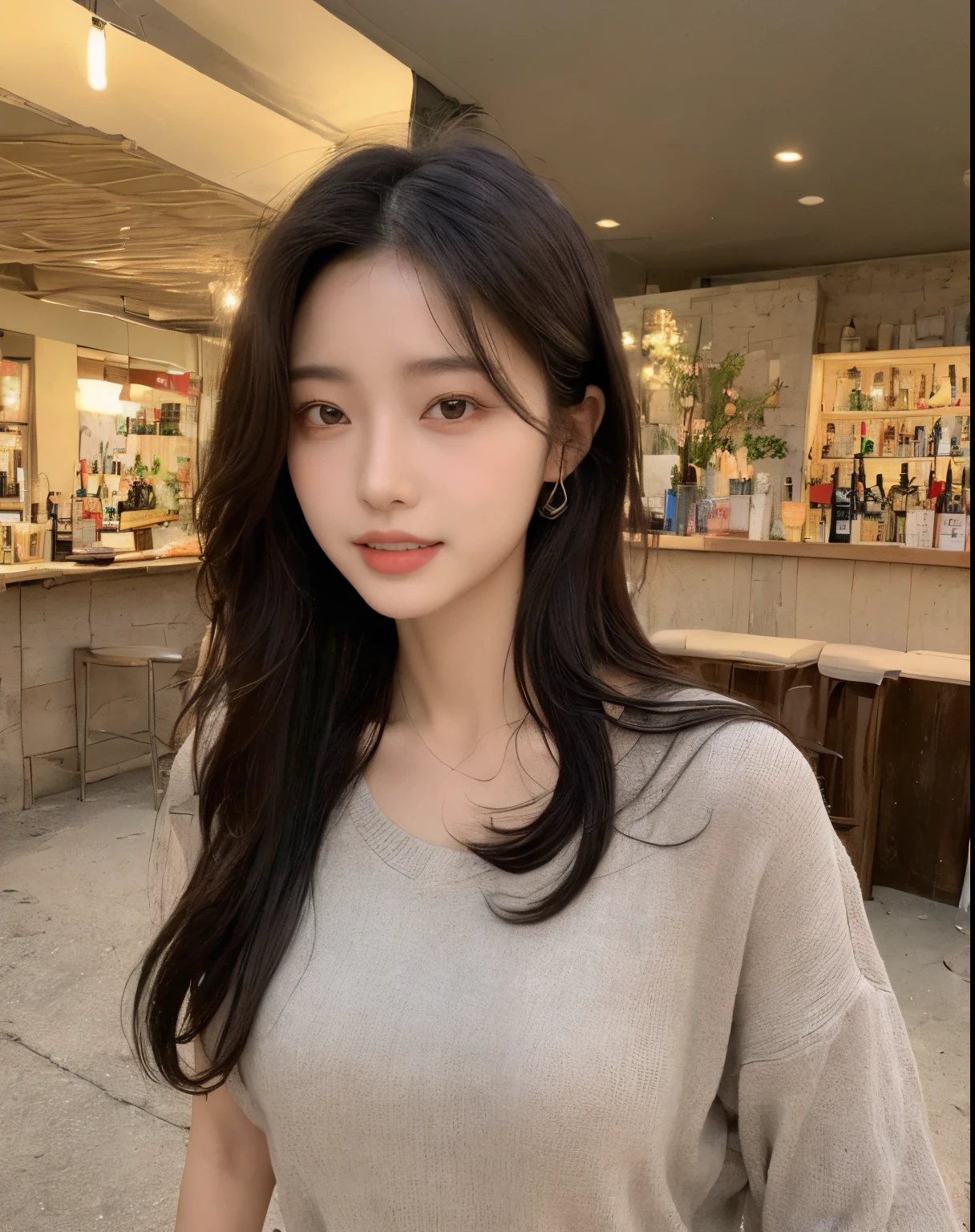 (((Best Quality, 8K, Masterpiece: 1.3,)), high-definition facial features, delicate facial feature, 1girl, Slim Abs Beauty: 1.3, ((long hair, natural hair)), (((wearing a sexy causal shirt))) fine Face, (((Delicate Eyes))), Double Eyelids, Smile, looking at the viewer, (full body 1.5), (((night bar))), ((((natural background)))), (standing) medium breast