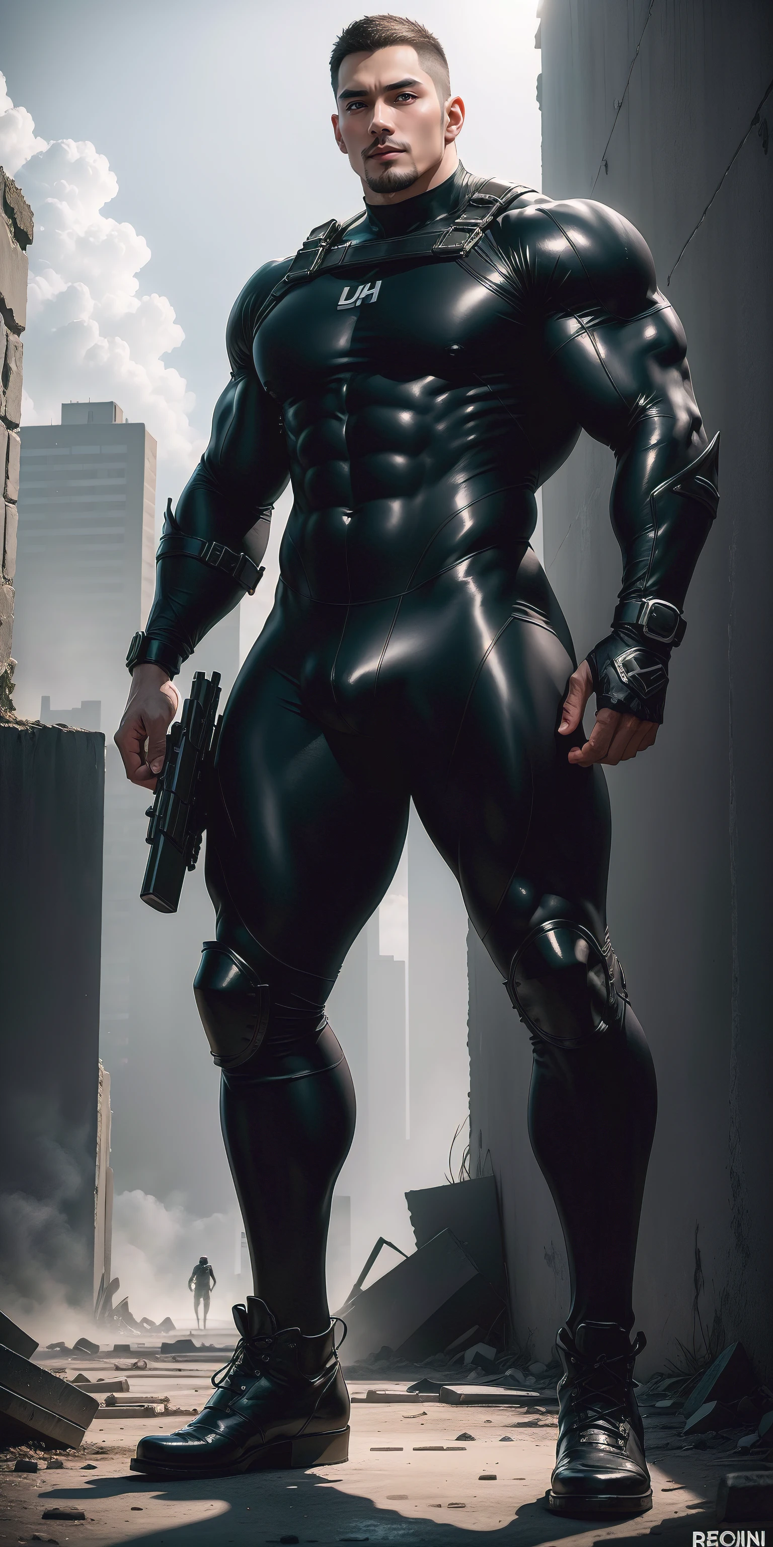 a hoge, The two-meter-tall muscular man opened his mouth and shouted.，He opened his mouth wide，character  design（Resident Evil - Chris Redfield，Chris Redfield）Wearing a shiny dark gray wetsuit，The whole body is wrapped，High-end leather texture，Regular symmetrical texture pattern，Standing alone in the ruins of the city in the open air, Bright sunlight shines on the body，，expression sad，A hero with deep and charming pupils，heroic masculine pose，Tall and burly，Muscular！Sexy and attractive leg muscles，tall, Burly, and strong， Wearing a shiny dark gray wetsuit， Super gain and cool， commission for high resolution， Big feet in dark gray boots，Charming strong man，Bright sunlight shines on the body，Reflective and shiny