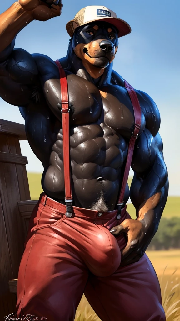 muscular anthro rottweiler posing for the camera, veiny muscles, touching crotch bulge. 4k, high resolution, best quality, posted on e621, solo, anthro body, anthro, older male, male, black nipples,  pubes, masculine, black_and_tan_body, (bulky, very muscular, thick build, pectorals:1.2), correct anatomy, (countryside background, farm crops, dusk), (by wfa, by Taran Fiddler, by negger), (trucker hat, red pants, black suspenders:1.2), (detailed eyes:1.2), sexy, photorealistic fur, (sweat:1.5), smile, shiny muscles, strong shadows, confident, seductive, flirting, half-body shot, looking at viewer