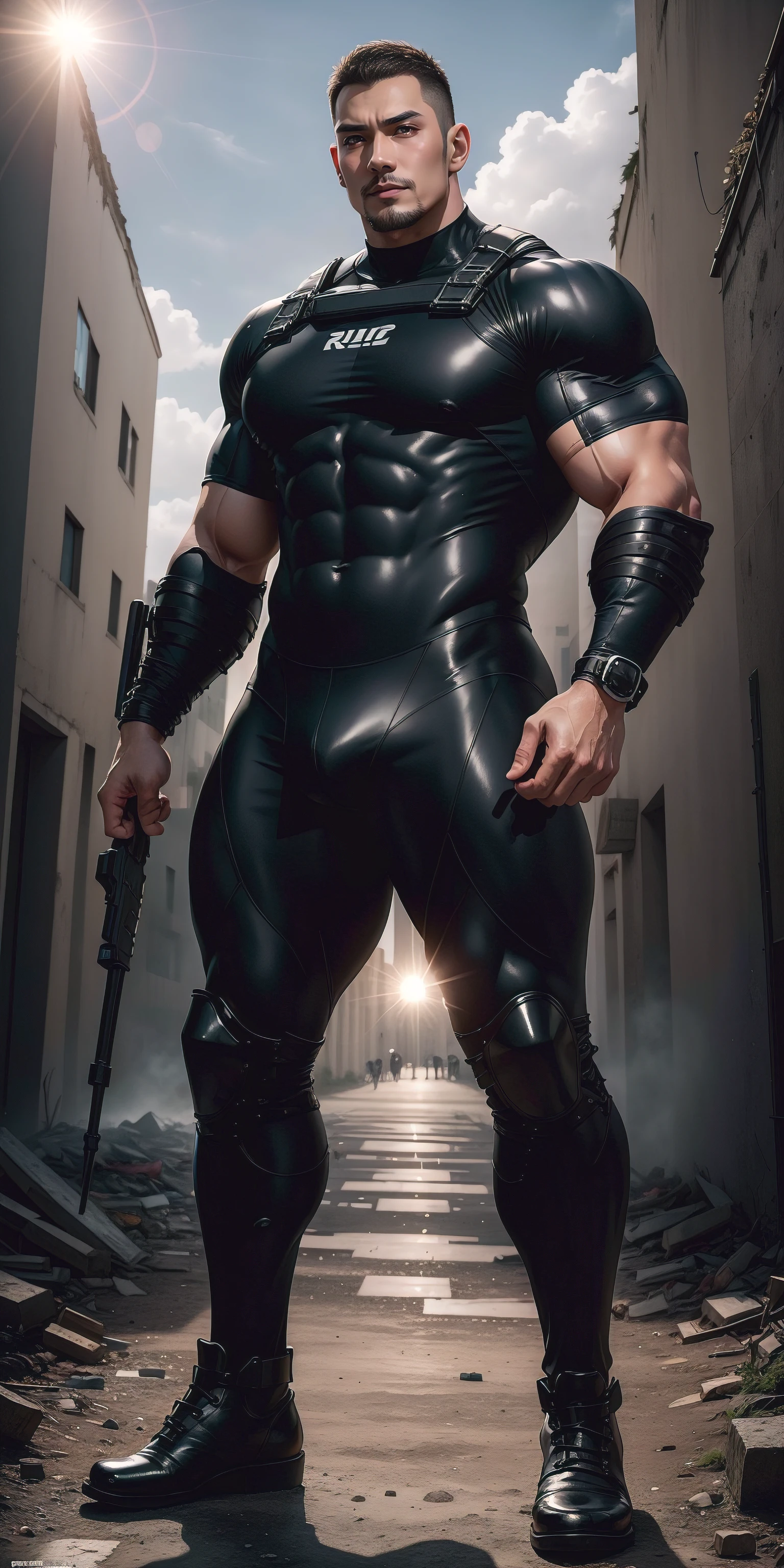 a hoge, The two-meter-tall muscular man opened his mouth and shouted.，He opened his mouth wide，character  design（Resident Evil - Chris Redfield，Chris Redfield）Wearing a shiny dark gray wetsuit，The whole body is wrapped，High-end leather texture，Regular symmetrical texture pattern，Standing alone in the ruins of the city in the open air, Bright sunlight shines on the body，，expression sad，A hero with deep and charming pupils，heroic masculine pose，Tall and burly，Muscular！Sexy and attractive leg muscles，tall, Burly, and strong， Wearing a shiny dark gray wetsuit， Super gain and cool， commission for high resolution， Big feet in dark gray boots，Charming strong man，Bright sunlight shines on the body，Reflective and shiny