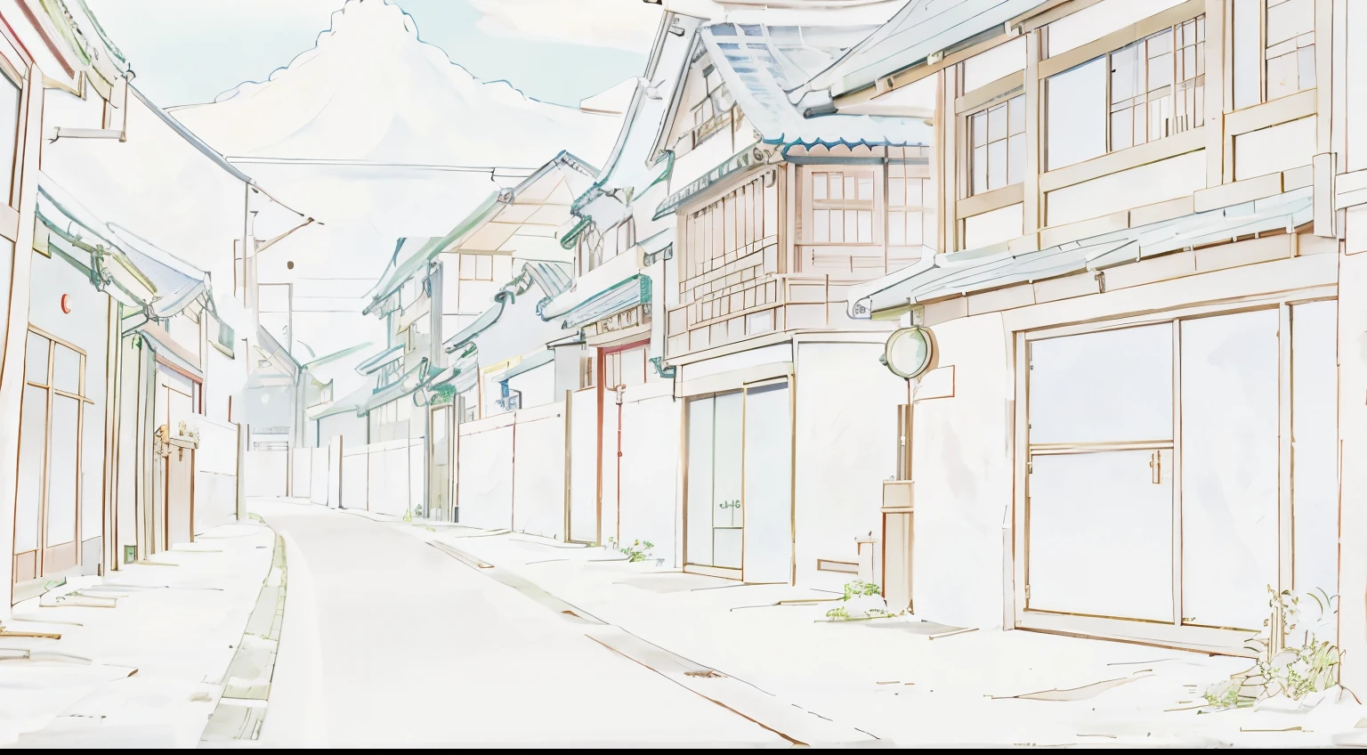 drawing of a street，There&#39;s a building and a clock on it, Animation city line drawing, Japan town, anime style cityscape, clean linework, Japan street, Clean anime silhouette, Anime background art, Japan Village, Perfect lines, Inspired by Watanabe Masahiro, Small town background, inspired by Yoshida Hanbei, Inspired by Toshi Yoshida