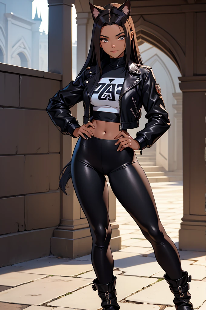 beautiful young female warrior fighter with cat ears on her head, com rosto bem detalhado e bonito, belos olhos, belos olhos, rosto lindo, beautiful young woman wearing long brown leggings with black details, usando mini saia curta, usando jaqueta de couro preta, standing in a castle, usando bota preta, cabelo comprido com franja preto, ,orelhas de gato, belo sorriso, tomboy, um pouco musculosa,suter branco com cinta em volta, olhar serio,usando jaqueta de couro preto, com ombreiras de prata nos ombros, leather jacket