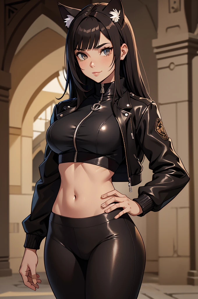 beautiful young female warrior fighter with cat ears on her head, com rosto bem detalhado e bonito, belos olhos, belos olhos, rosto lindo, beautiful young woman wearing long brown leggings with black details, usando mini saia curta, usando jaqueta de couro preta, standing in a castle, usando bota preta, cabelo comprido com franja preto, ,orelhas de gato, belo sorriso, tomboy, um pouco musculosa,suter branco com cinta em volta, olhar serio,usando jaqueta de couro preto, com ombreiras de prata nos ombros, leather jacket