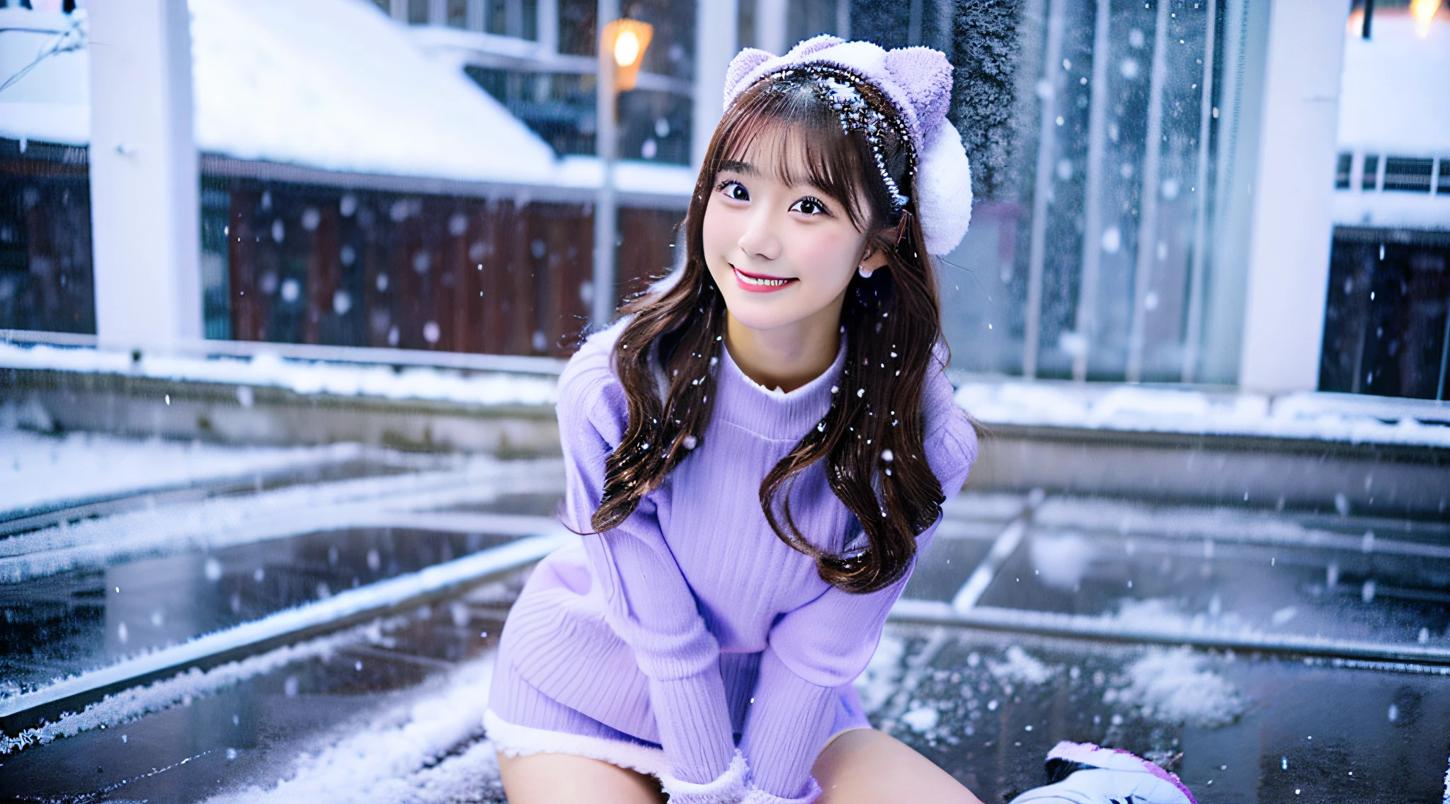 Cute College Girl, 18 years old, wearing a purple miniskirt、tome'It's snowing outside