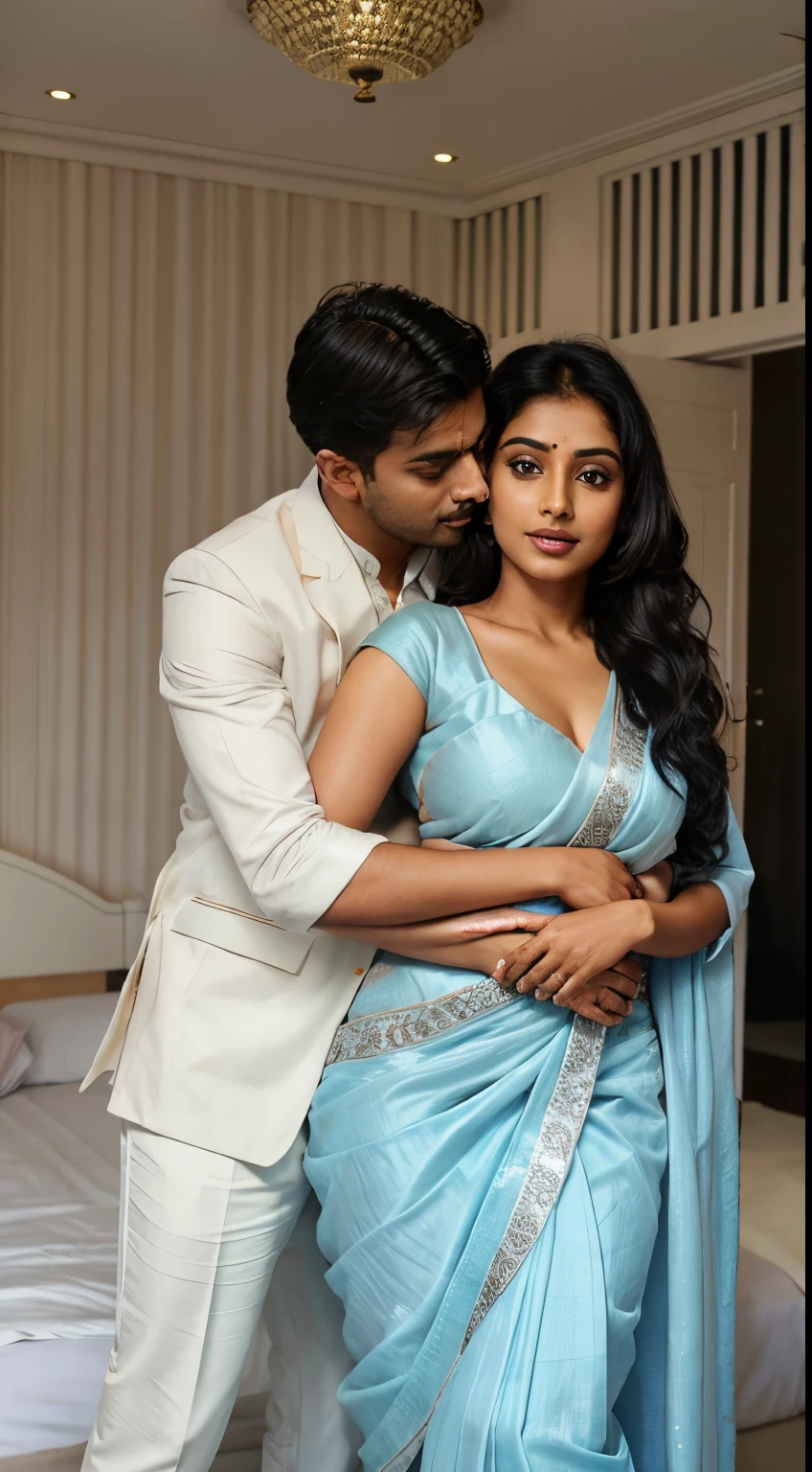 Indian women with British man, Indian women wear light blue full saree and British man wear white formal dress in bedroom, they are hugging pose, too much on Indian women face,