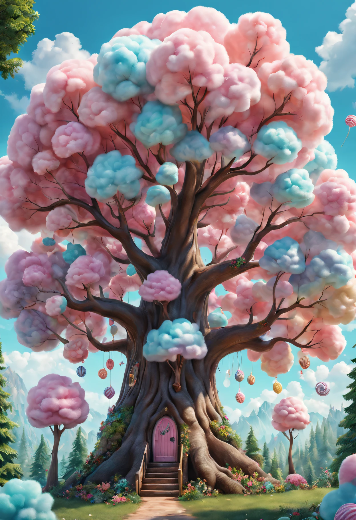 cotton candy treeest quality at best,4K,8K,A high resolution,tmasterpiece:1.2),ultra - detailed,(actual,realisticlying,Photorealistic:1.37),Sweet,vivd colour,Whimsical,giant tree,soft sky,Fluffy clouds,Fairytale,Tasty,tree branch filled with candy,sugar coated leaves,Sparkling,Soft and chewy,Happy kids,Playful,cheerfulness,夏天,an enchanted forest,enjoyable,imagination,stas,Light and airy,enjoy,Cleavage is seductive,Irresistible,fanciful,edible,indulgent,towering,Pleasant,heart-stirring,Iridescent,Candy heaven