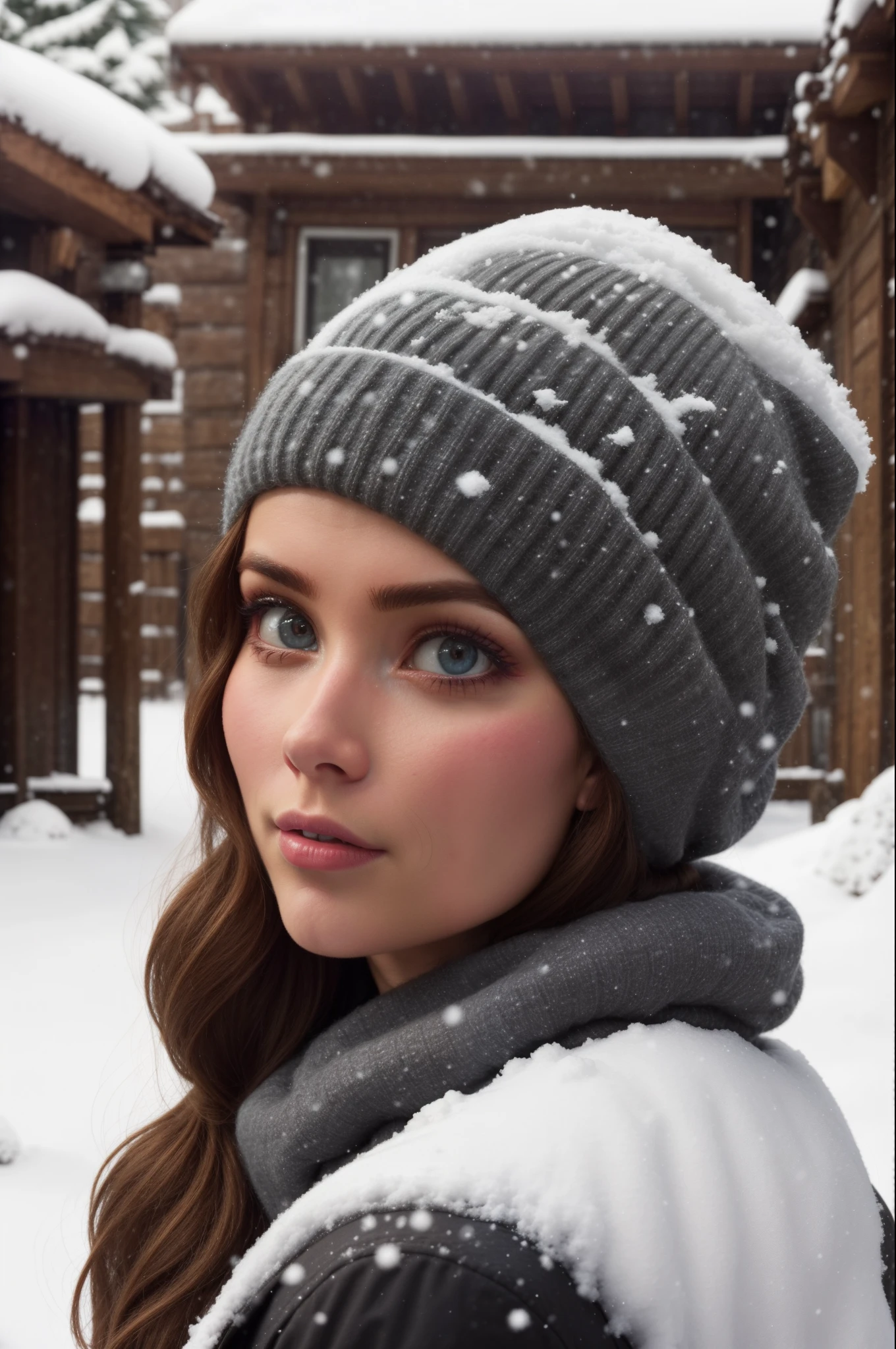 woman, ((Masterpiece, best quality)), detailed skin, highly detailed, cinematic lighting, ultra realistic, blush, looking at viewer,  anna, anna from frozen, princess, disney, brown hair, long hair, portrait, outdoor, snow, half body photo