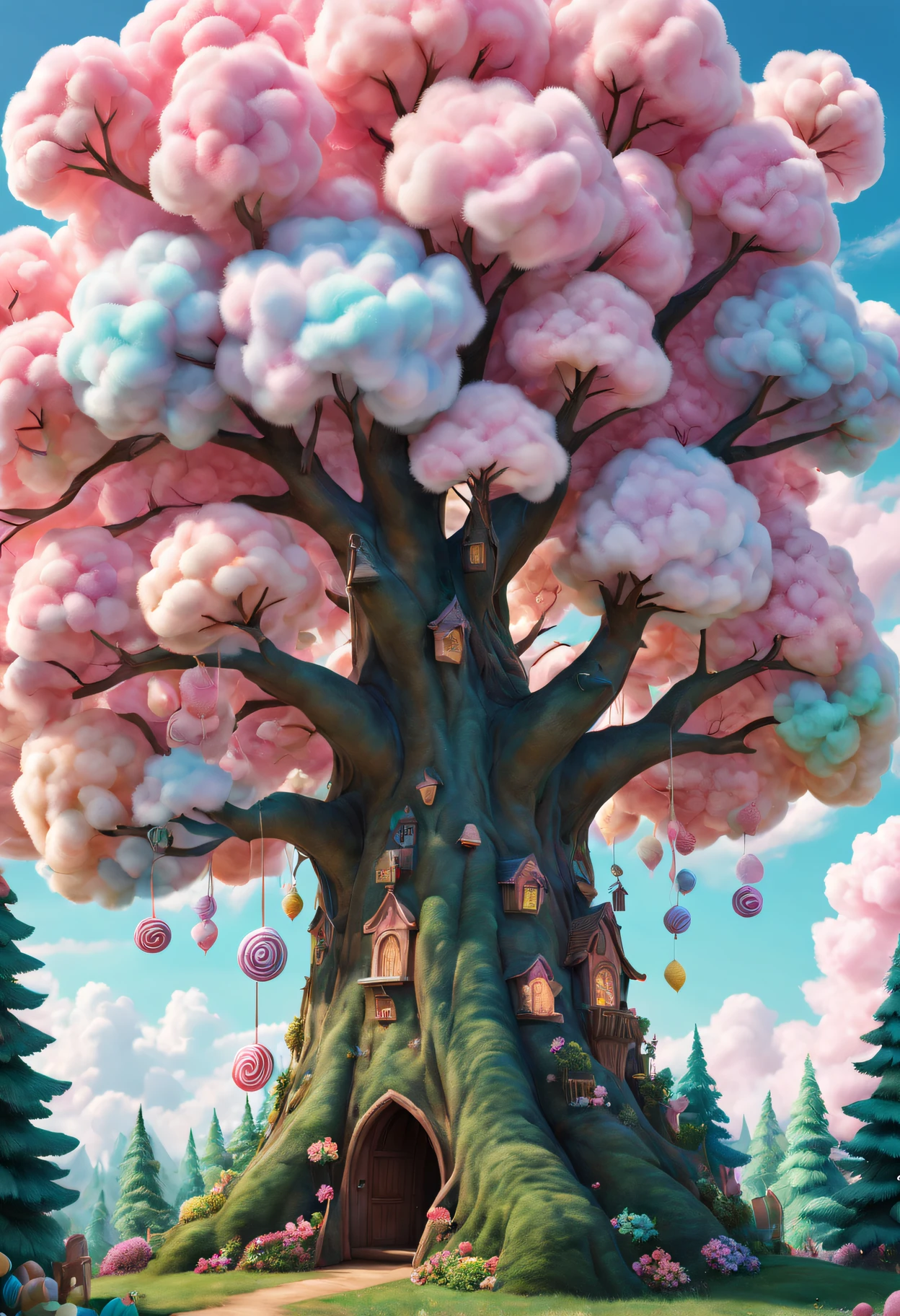 cotton candy treeest quality at best,4K,8K,A high resolution,tmasterpiece:1.2),ultra - detailed,(actual,realisticlying,Photorealistic:1.37),Sweet,vivd colour,Whimsical,giant tree,soft sky,Fluffy clouds,Fairytale,Tasty,tree branch filled with candy,sugar coated leaves,Sparkling,Soft and chewy,Happy kids,Playful,cheerfulness,夏天,an enchanted forest,enjoyable,imagination,stas,Light and airy,enjoy,Cleavage is seductive,Irresistible,fanciful,edible,indulgent,towering,Pleasant,heart-stirring,Iridescent,Candy heaven