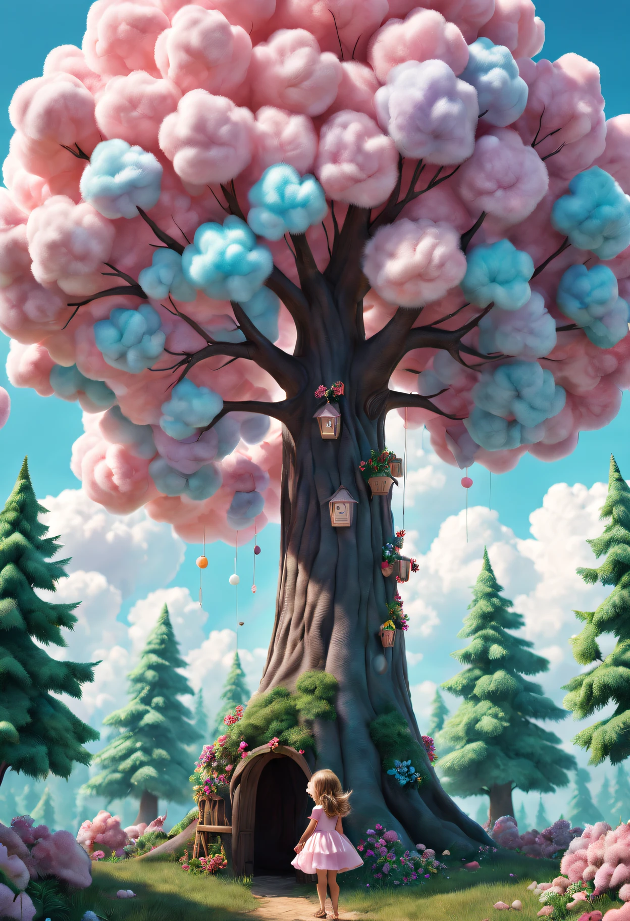 cotton candy treeest quality at best,4K,8K,A high resolution,tmasterpiece:1.2),ultra - detailed,(actual,realisticlying,Photorealistic:1.37),Sweet,vivd colour,Whimsical,giant tree,soft sky,Fluffy clouds,Fairytale,Tasty,tree branch filled with candy,sugar coated leaves,Sparkling,Soft and chewy,Happy kids,Playful,cheerfulness,夏天,an enchanted forest,enjoyable,imagination,stas,Light and airy,enjoy,Cleavage is seductive,Irresistible,fanciful,edible,indulgent,towering,Pleasant,heart-stirring,Iridescent,Candy heaven