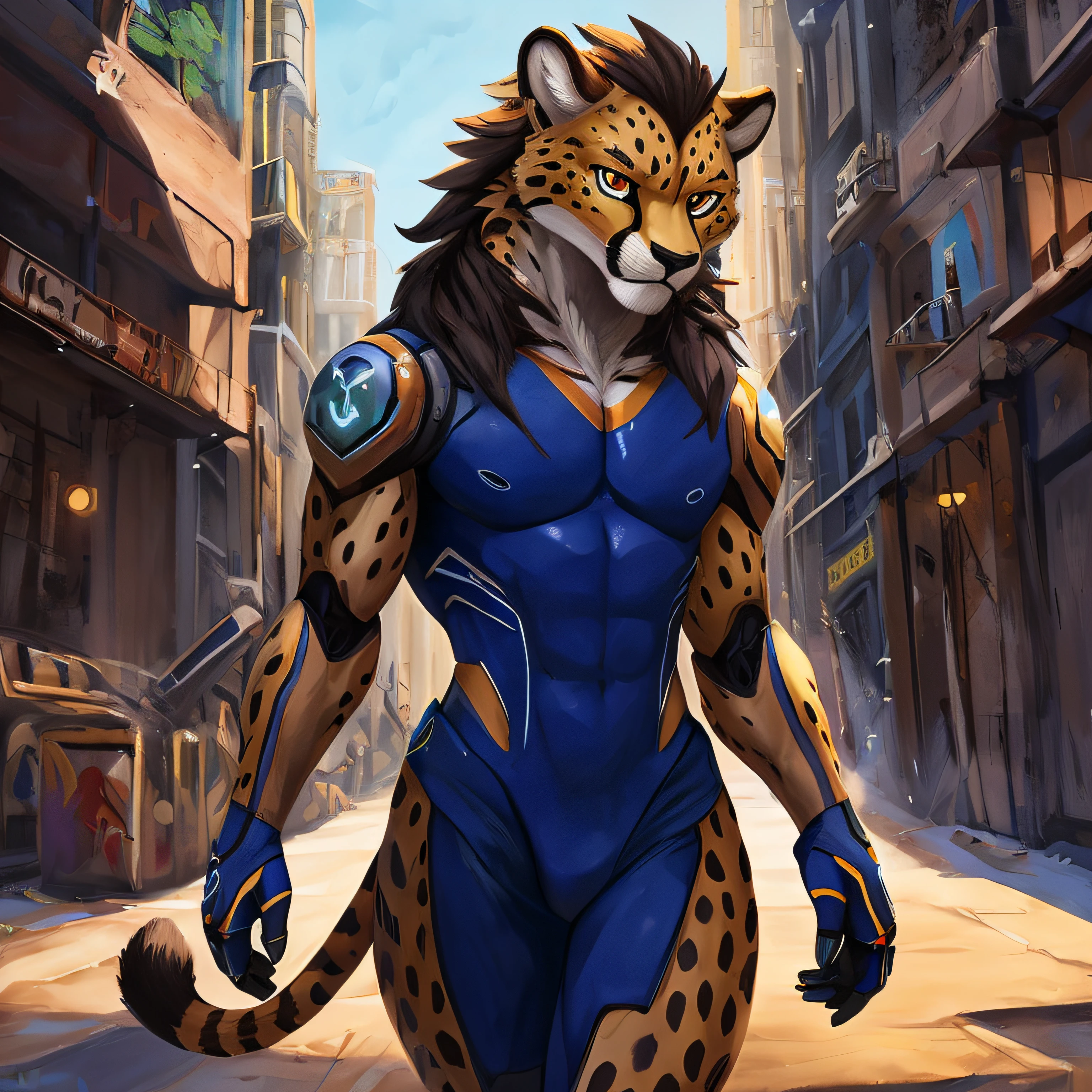 Stylized cinematic anime artwork, action shot, (robot anthro furry), Cheetah, male, skinny, digital painting, acrylic paint \(medium\), single tail, subsurface scattering, smooth lines, detailed