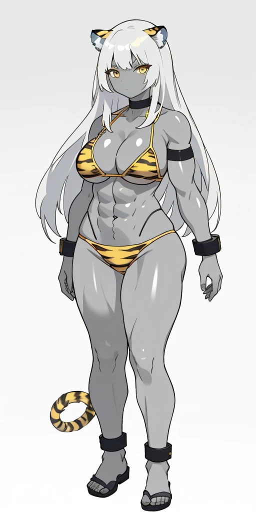 perfect hair, perfect body, looking at the viewer, standing, posing, mature female, very grey skin, muscular body, female oni, big breast, black chocker, slave chains, (((grey skin))), (detailed yellow bikini with tiger dots)