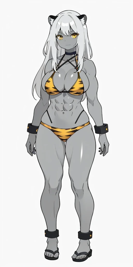 perfect hair, perfect body, looking at the viewer, standing, posing, mature female, very grey skin, muscular body, female oni, big breast, black chocker, slave chains, (((grey skin))), (detailed yellow bikini with tiger dots)