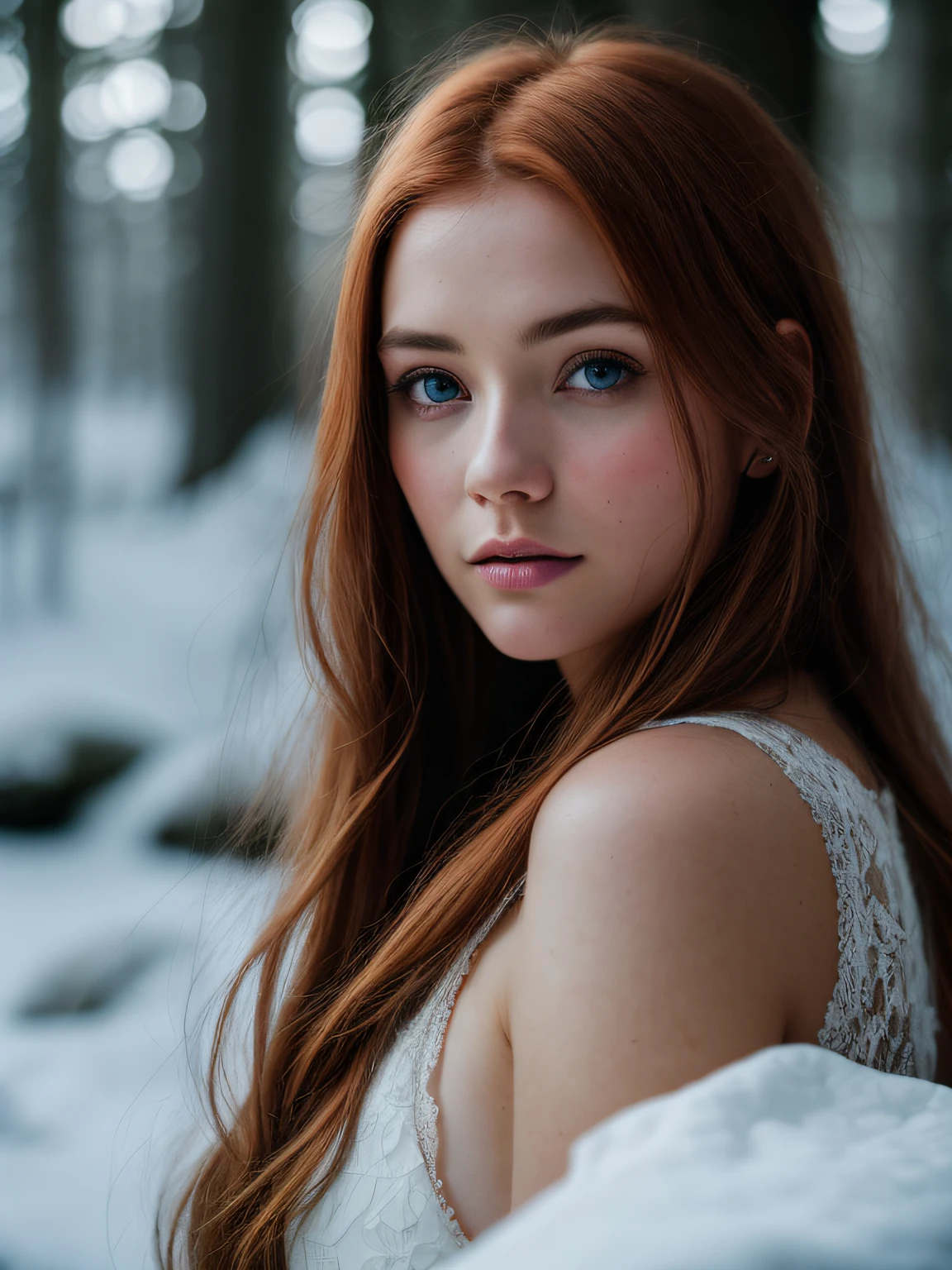 close up of a european woman, ginger hair, winter forest, natural skin texture, 24mm, 4k textures, soft cinematic light, RAW photo, photorealism, photorealistic, intricate, elegant, highly detailed, sharp focus, ((((cinematic look)))), soothing tones, insane details, intricate details, hyperdetailed, low contrast, soft cinematic light, dim colors, exposure blend, hdr, faded naked