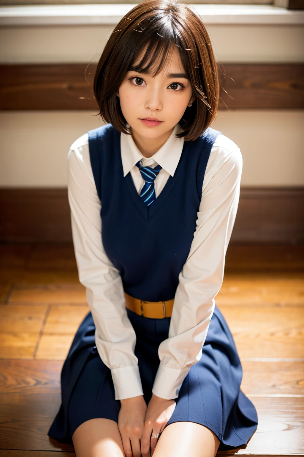 Best quality at best, Face focus, softlighting, 超高分辨率, (realisticlying:1.4), RAW photogr, 1 Japanese girl, Alone, cute big breasts, (smile shy:0.5), (Brown eyes, There is light in the eyes), Detailed beautiful face, (smallunderboob),(High-resolution detail of human skin texture), (Bob has short hair), BREAK BREAK BREAK, in class room,Navy school uniform, vests, a skirt