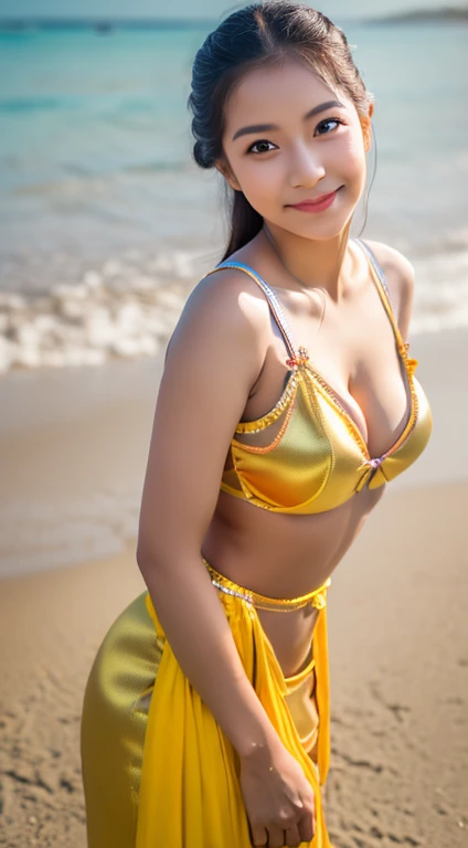 (1 girl), Very cute face..fresh, Very clean appearance, (High Quality:1.4), RAW photo, (Realistic, real light:1.37), Professional Photography, (Thai costume:1.5), (Open Thai dress), (cleavage:1.2), (breastplate), slight smile, (Staring at me...), beach, Girl Portrait,far; holding a golden light sword