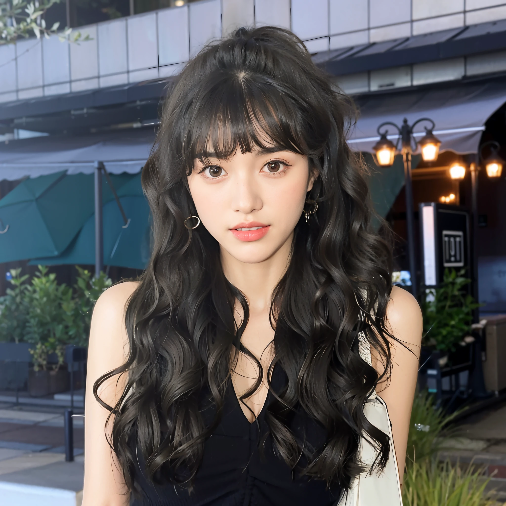 A woman with long black hair is standing outside, Black bangs wavy hair, Qi bangs long hair, Qi bangs hair, Curly bangs and ponytail, long hair with bangs, Black wavy hair, Dynamic wavy hair, cabelos preto e longos,With bangs, Curly bangs, bangs and wavy hair, with long coiled hair, long wavy dark hair,The overall hair is thicker