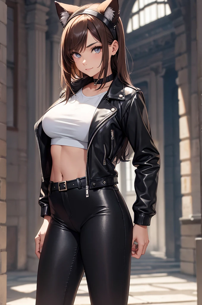 beautiful young female warrior fighter with cat ears on her head, com rosto bem detalhado e bonito, belos olhos, belos olhos, rosto lindo, beautiful young woman wearing long brown leggings with black details, usando mini saia curta, usando jaqueta de couro preta, standing in a castle, usando bota preta, cabelo comprido com franja preto, ,orelhas de gato, belo sorriso, tomboy, um pouco musculosa,suter branco com cinta em volta, olhar serio,usando jaqueta de couro preto, com ombreiras de prata nos ombros, leather jacket