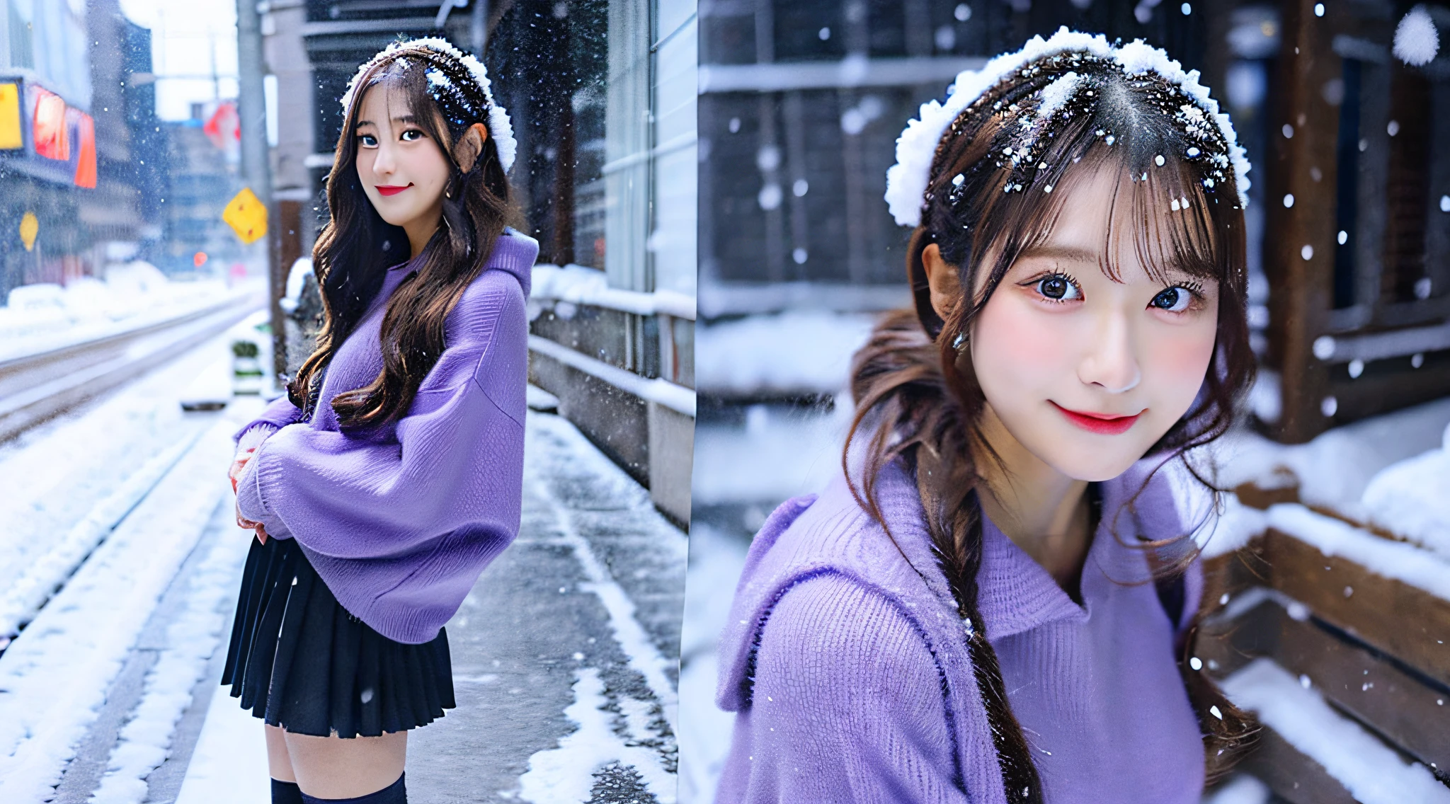 Cute idol 18 years old wearing a purple miniskirt、tome'It's snowing outside