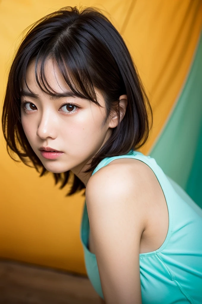 (8K、top-quality、​masterpiece:1.2)、(reallistic、Photorealsitic:1.2)（Inside the tent at Camp Sianthanum）（Underwear）Kiss Face,sad Facial expression,embarassed expression,Alafed Girl, chiho, iwakura lain, closeup Iwakura Lain, With short hair, Shiori Teshirogi, Kotegawa Yui, hime-cut, She is , sui ishida with black hair, lain iwakura, girl cute-fine-face, Clear pubic contours,(Small breasts), hight resolution, ighly detailed, top-quality, [​masterpiece:1.6],, ighly detailed, nffsw, finely detail, top-quality, , Cinematographic lighting, 1girl in、17 age、Cute Girls、perfect body type、, cute droopy eyes beautiful big eyes、Transcendent beauty　top-quality、​masterpiece、majicMIX Real、(Raw photography:1.2)、(Photorealsitic:1.4)、Negative Prompt