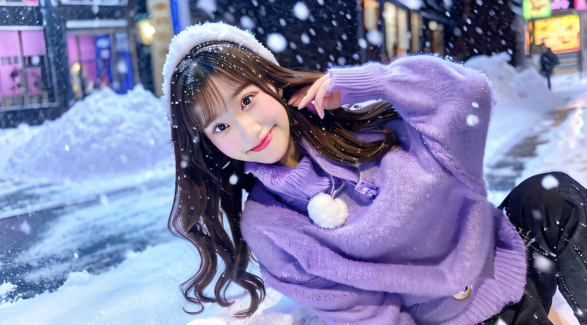 Cute idol 18 years old wearing a purple miniskirt、tome&#39;It's snowing outside