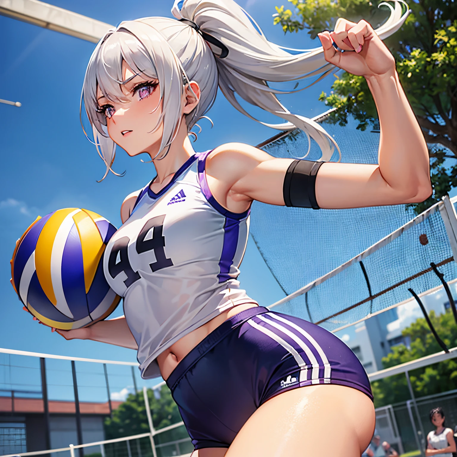 A woman, athletic body, perfect body, tabby body, white hair, purple eyes, ponytail style hair, sports uniform, playing volleyball, volleyball court