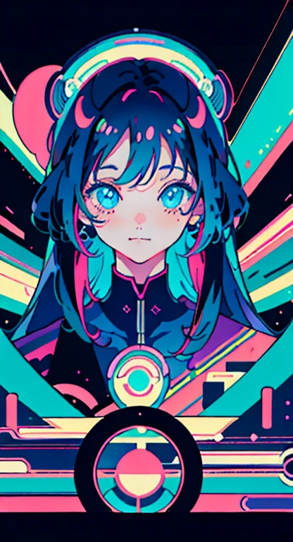 masterpiece, best quality, 1girl, city pop, kyoto animation, kyoani, night, neon lights, looking at viewer, slight smile, excited face, vector illustration, 80s clothing, long hair, 80s, synthwave, abstract background, graphic, manga, 80s anime, retro poster
