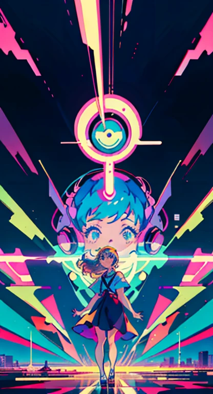 masterpiece, best quality, 1girl, city pop, kyoto animation, kyoani, night, neon lights, looking at viewer, slight smile, excited face, vector illustration, 80s clothing, long hair, 80s, synthwave, abstract background, graphic, manga, 80s anime, retro poster